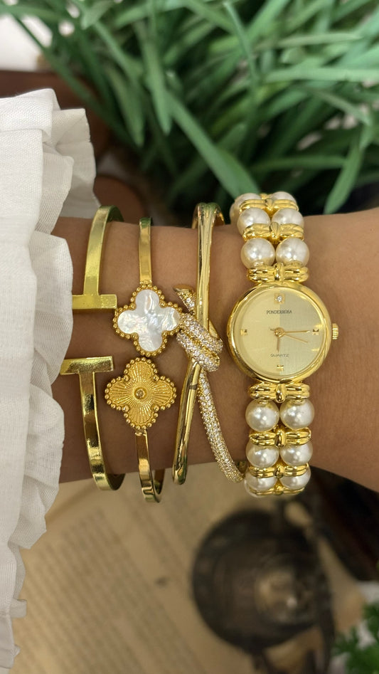 Vintage Ponderrosa Double-Row Pearl Strap Watch in Gold Tone Quartz