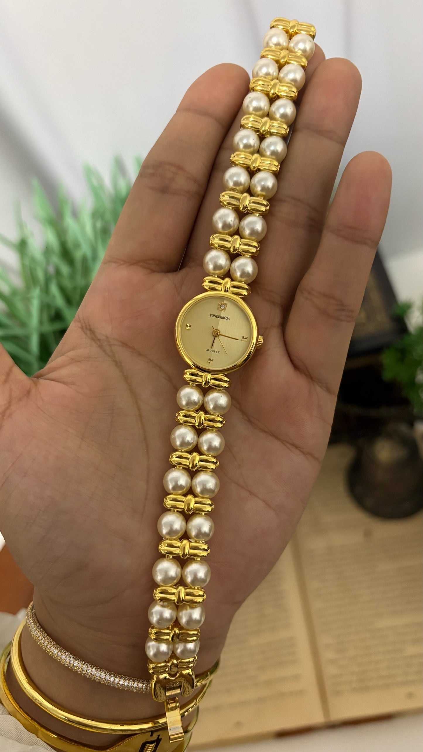 Vintage Ponderrosa Double-Row Pearl Strap Watch in Gold Tone Quartz