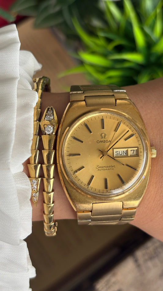 Vintage Omega Seamaster Automatic Watch in Gold Tone with Day-Date Window