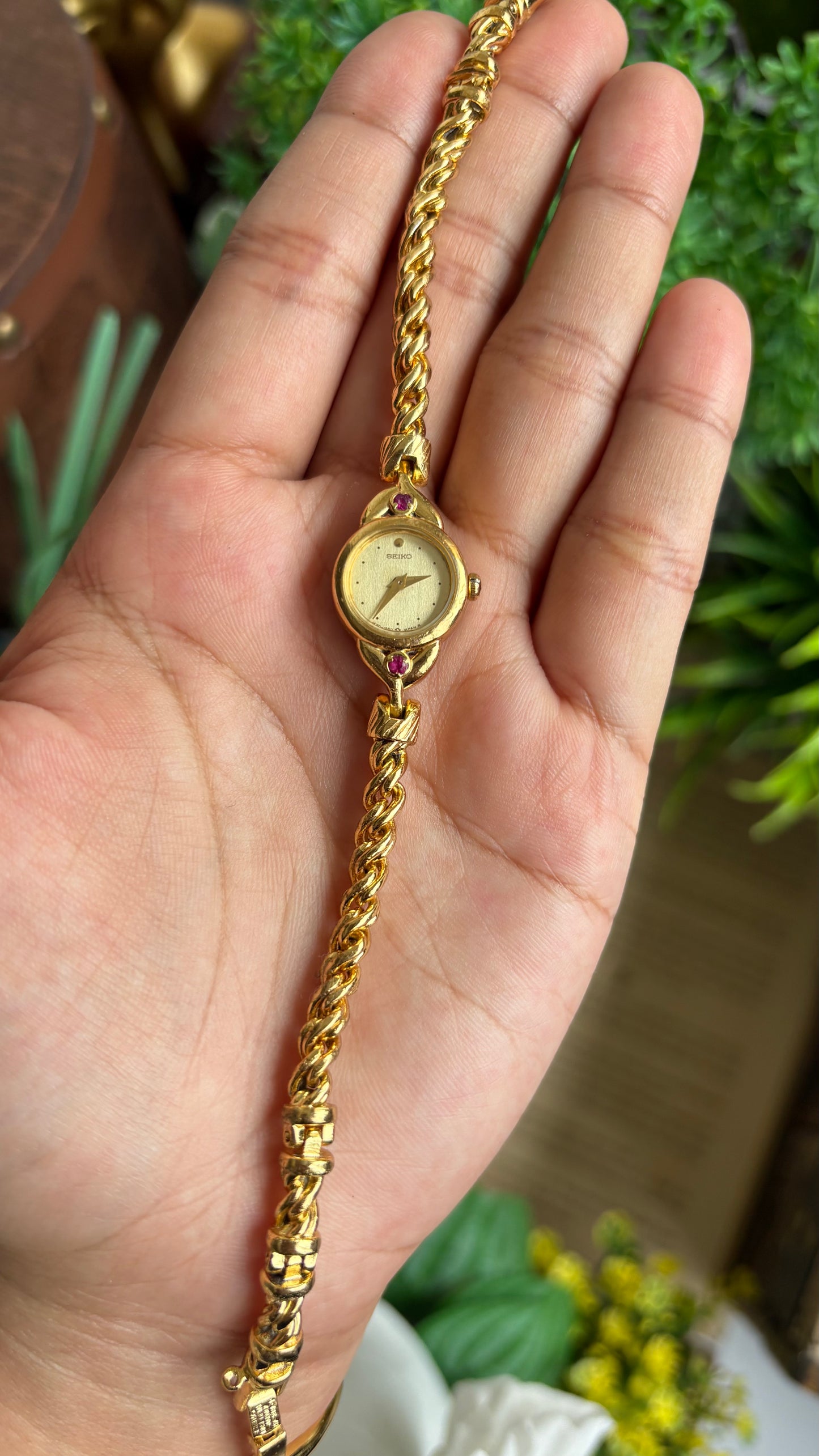 Extremely Rare Vintage Seiko Rope Chain Bracelet Watch in Gold Tone with Genuine Rubies