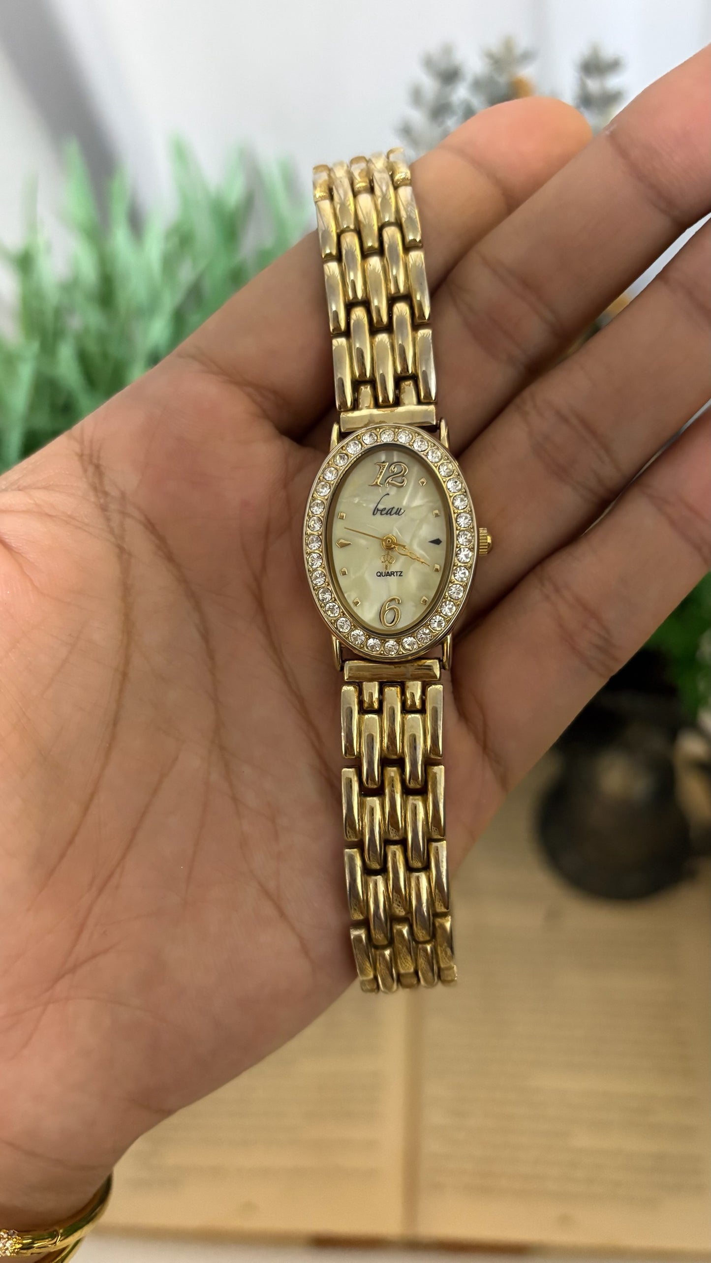 Vintage Beau Oval Crystal Bezel Dress Watch in Gold Tone Quartz