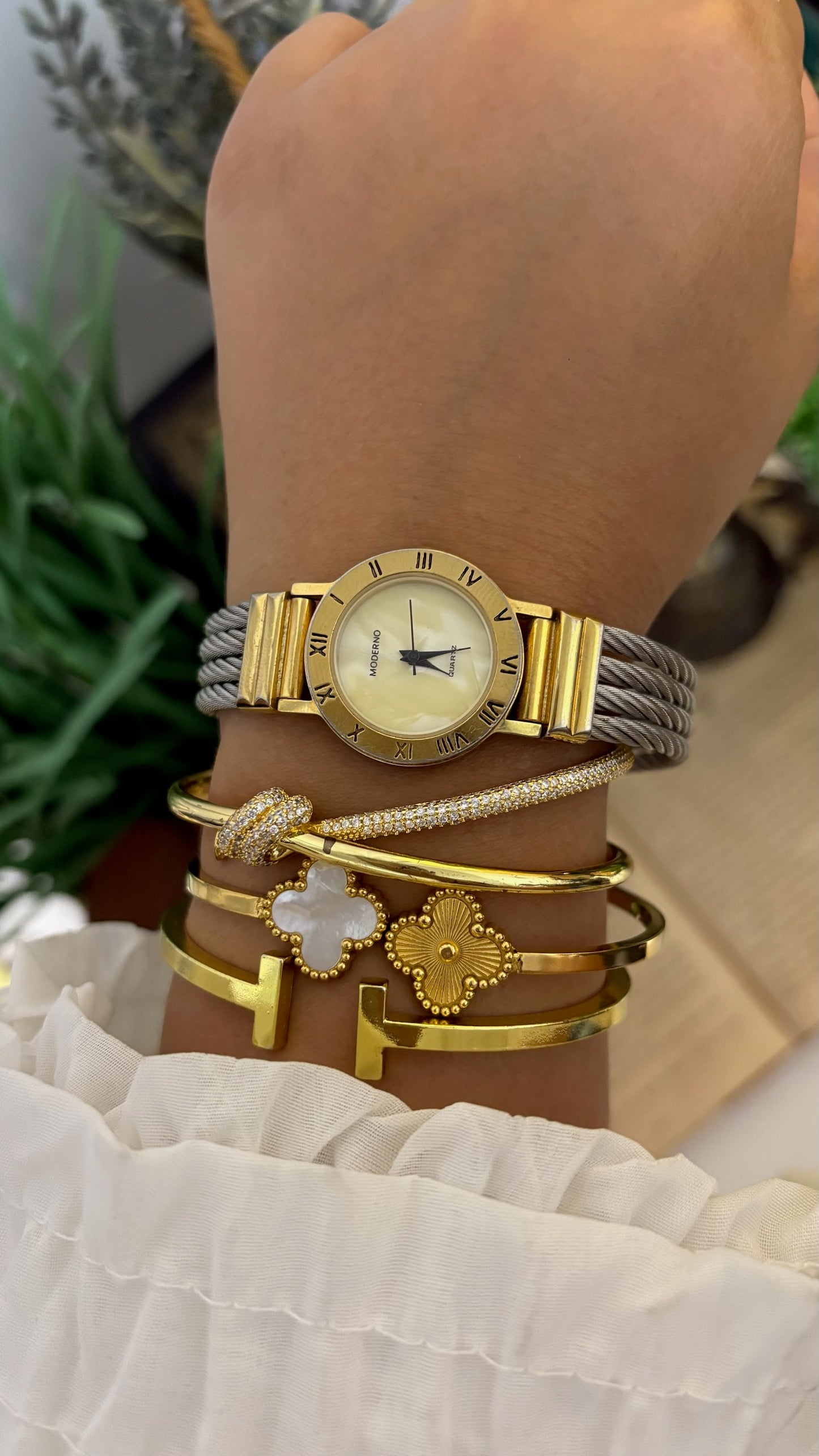 Vintage Moderno Roman Numeral Bezel Watch with Twisted Cable Strap in Two-Tone Quartz