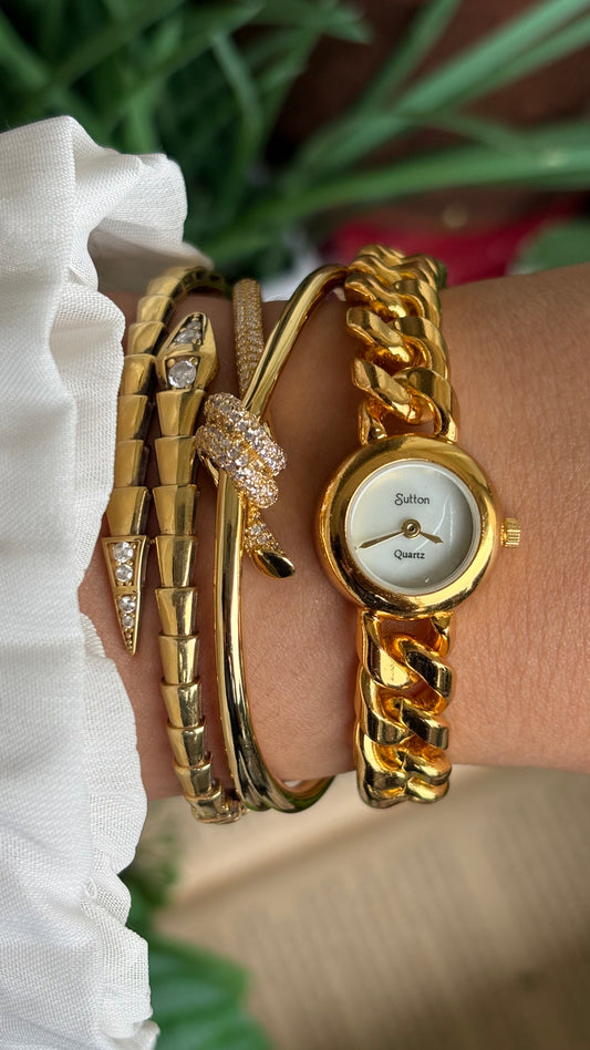 Vintage Sutton Chain Bracelet Watch in Gold Tone Super Dainty Mother of Pearl Dial