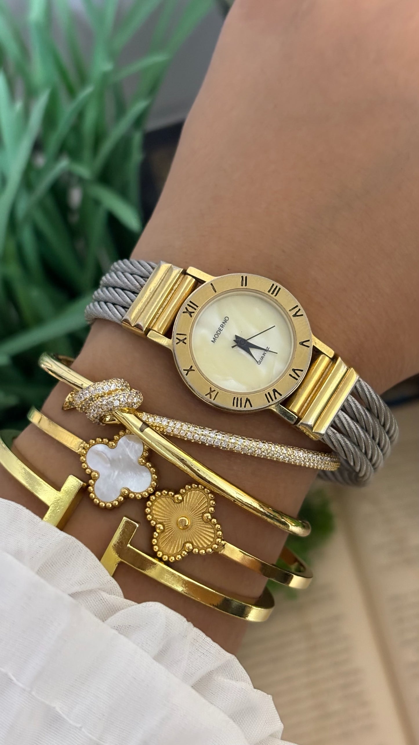 Vintage Moderno Roman Numeral Bezel Watch with Twisted Cable Strap in Two-Tone Quartz
