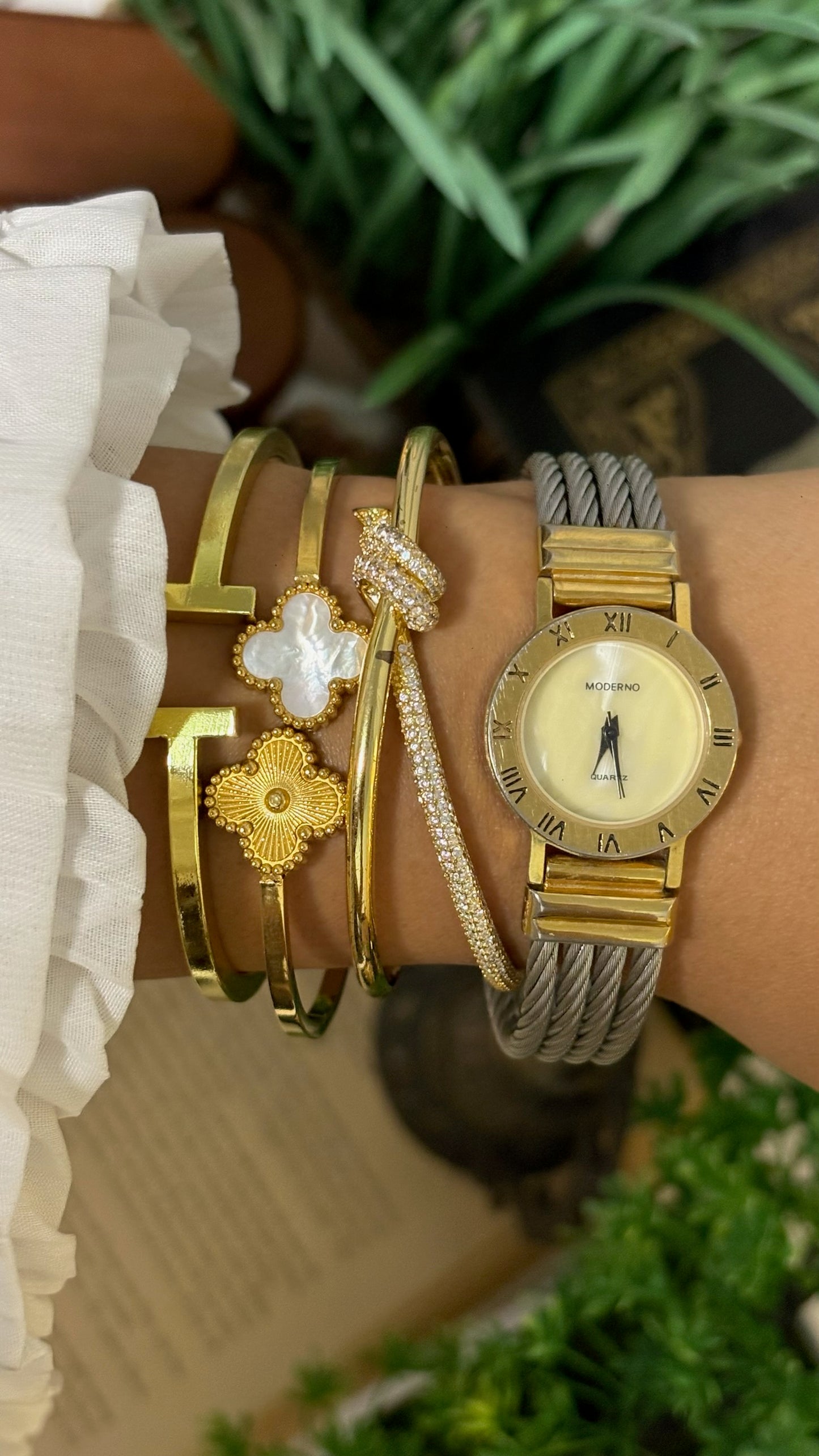 Vintage Moderno Roman Numeral Bezel Watch with Twisted Cable Strap in Two-Tone Quartz