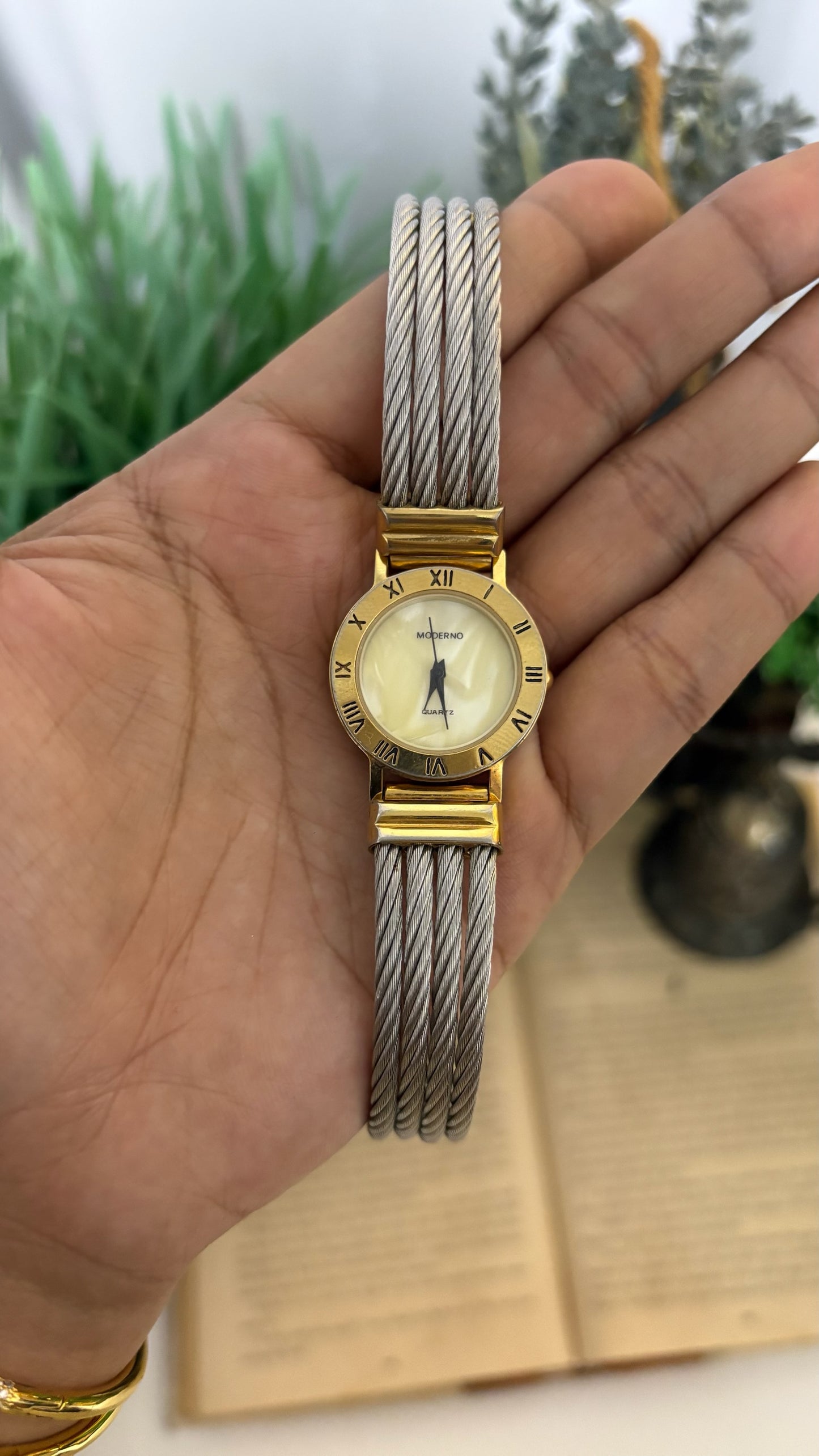 Vintage Moderno Roman Numeral Bezel Watch with Twisted Cable Strap in Two-Tone Quartz