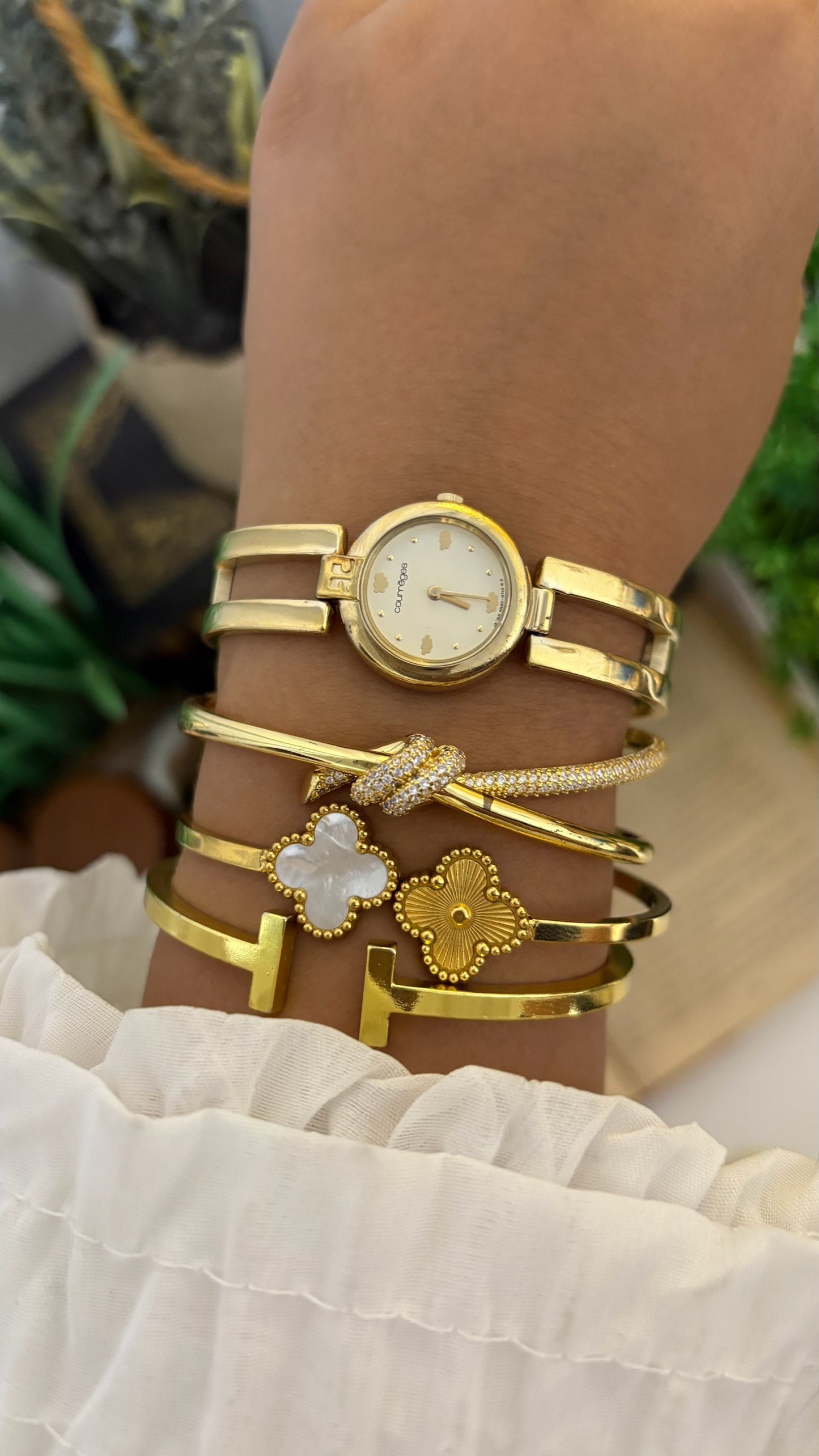 Vintage Courreges Open-Link Bangle Watch with Logo Markers in Gold Tone Quartz