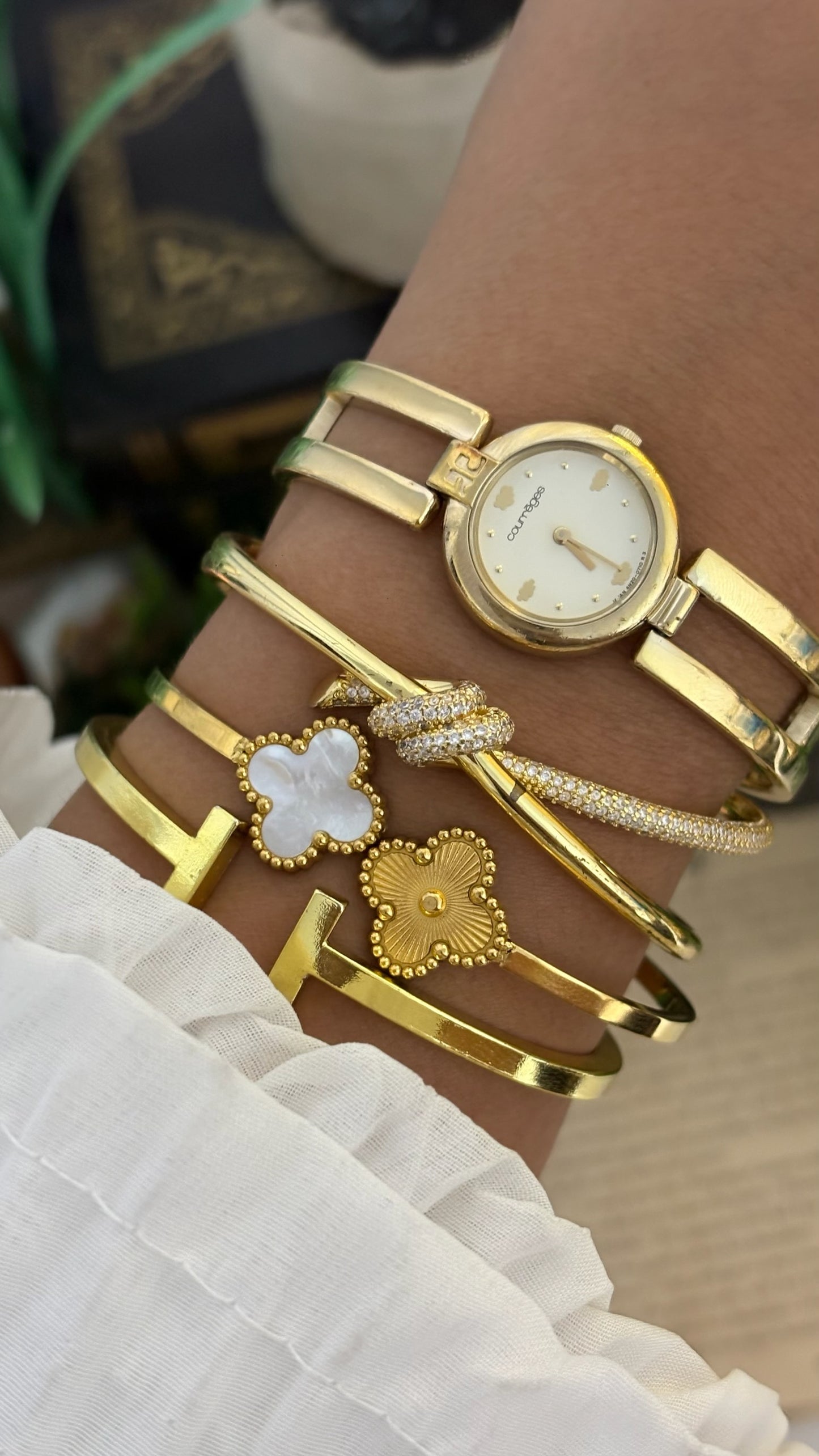 Vintage Courreges Open-Link Bangle Watch with Logo Markers in Gold Tone Quartz