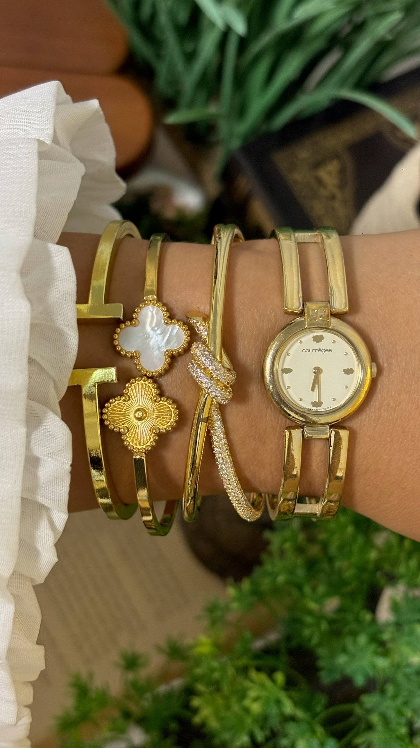 Vintage Courreges Open-Link Bangle Watch with Logo Markers in Gold Tone Quartz