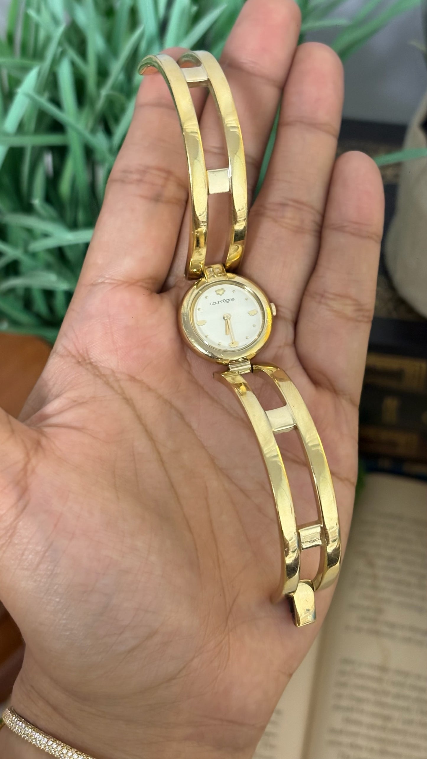 Vintage Courreges Open-Link Bangle Watch with Logo Markers in Gold Tone Quartz