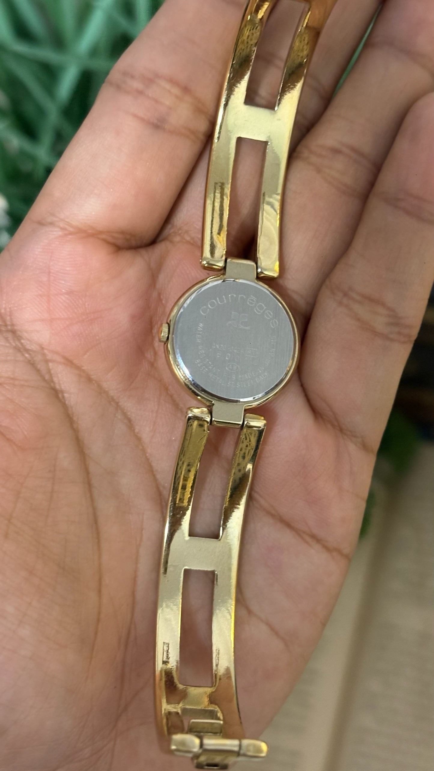 Vintage Courreges Open-Link Bangle Watch with Logo Markers in Gold Tone Quartz