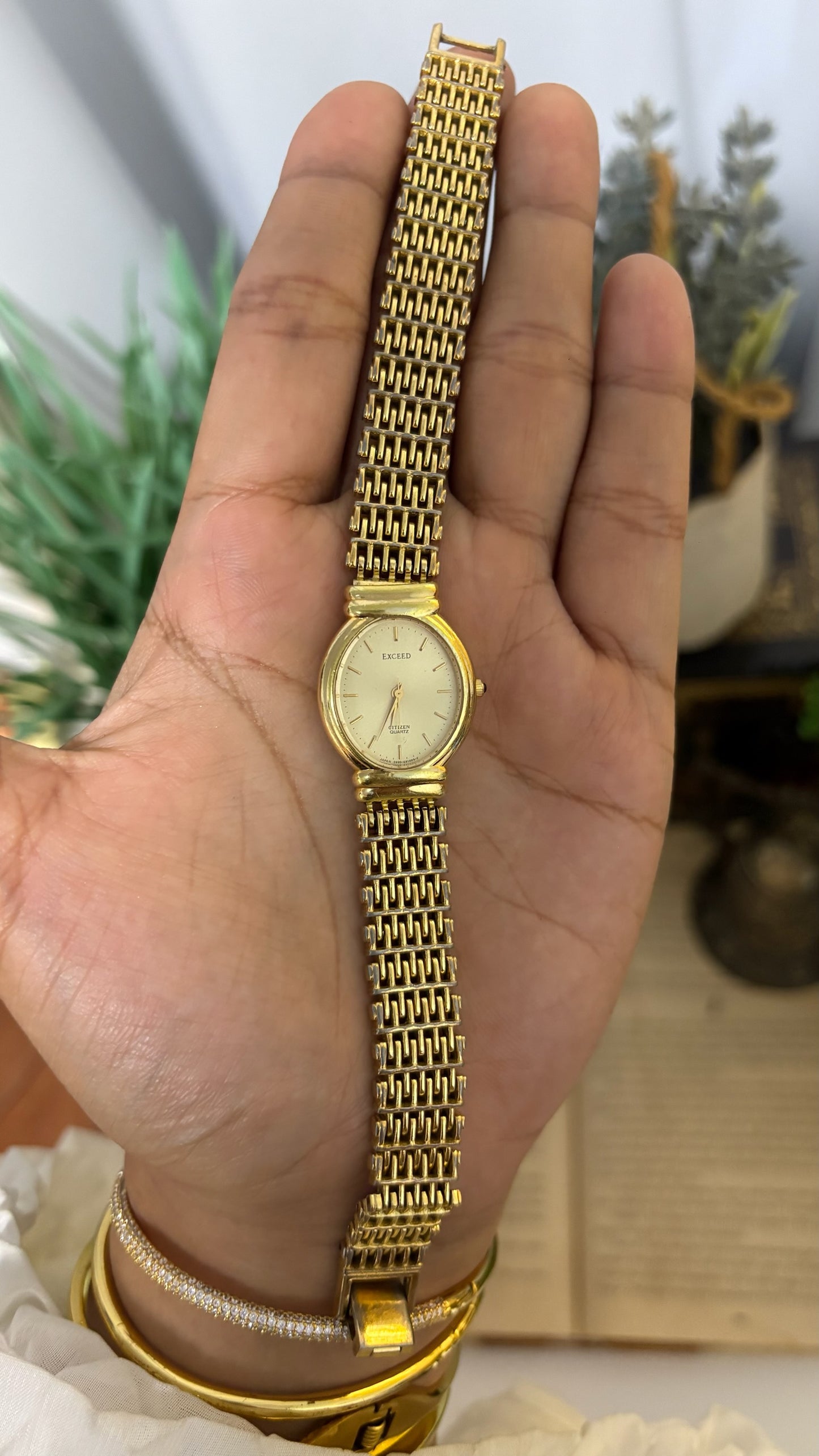 Vintage Citizen Exceed Oval Dress Watch with Intricate Ladder Link Bracelet in Gold Tone Quartz