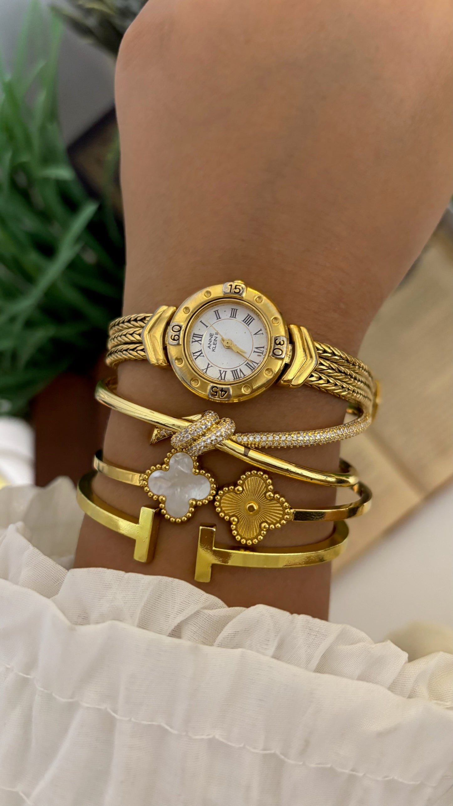 Vintage Anne Klein II Roman Numeral Watch with Chevron Wheat Chain Strap in Gold Tone Quartz