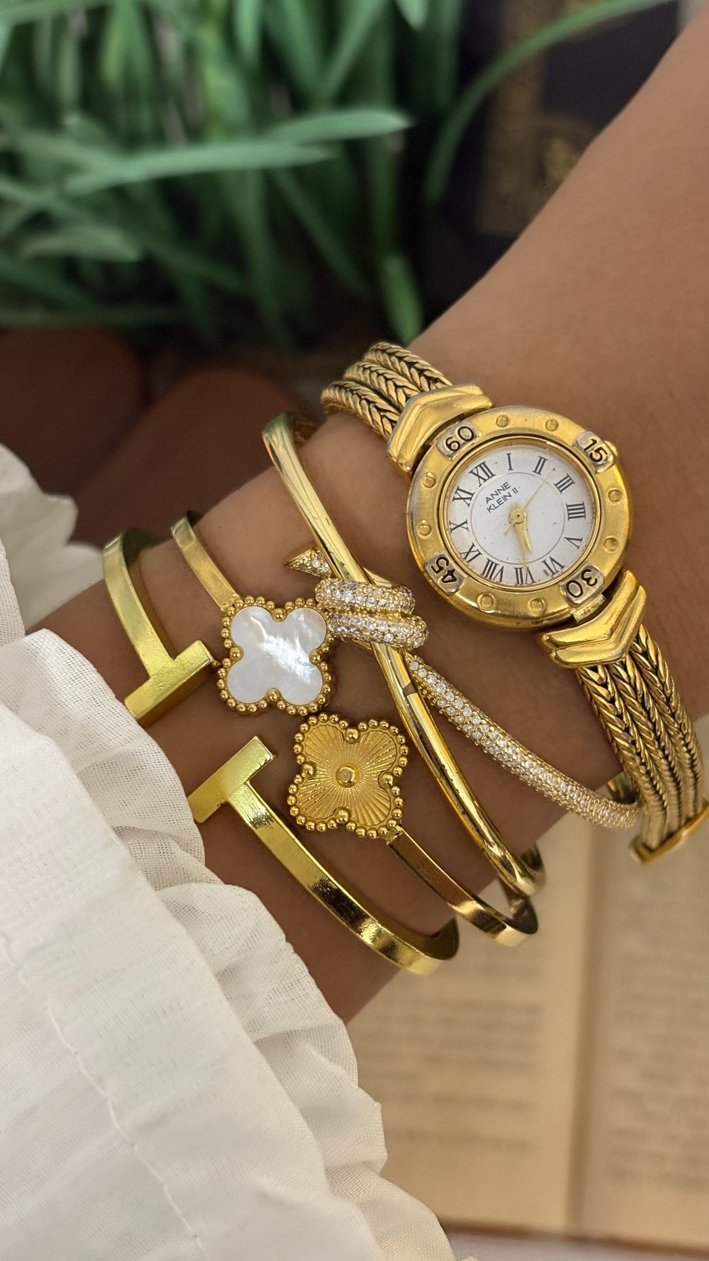 Vintage Anne Klein II Roman Numeral Watch with Chevron Wheat Chain Strap in Gold Tone Quartz