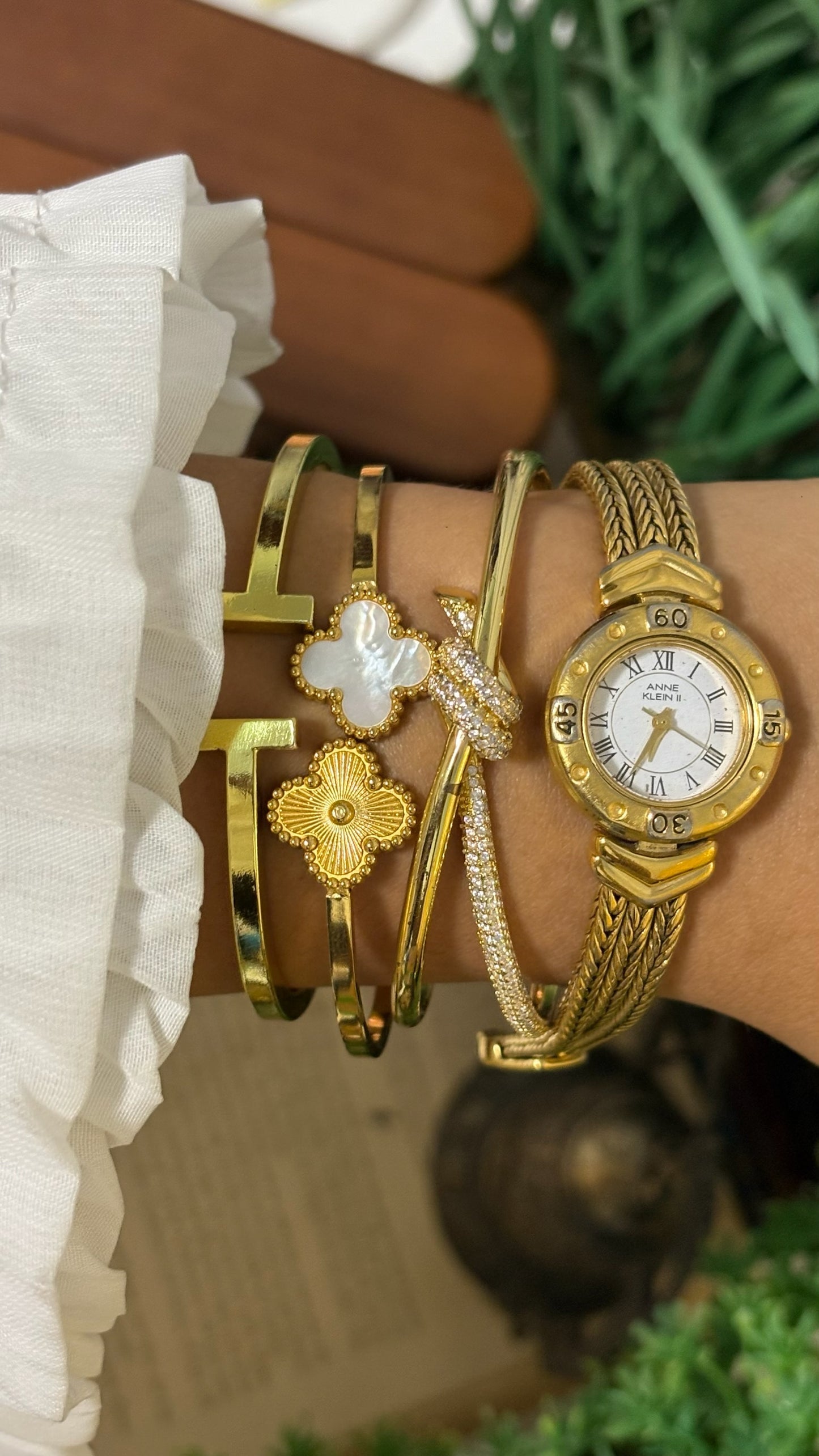 Vintage Anne Klein II Roman Numeral Watch with Chevron Wheat Chain Strap in Gold Tone Quartz