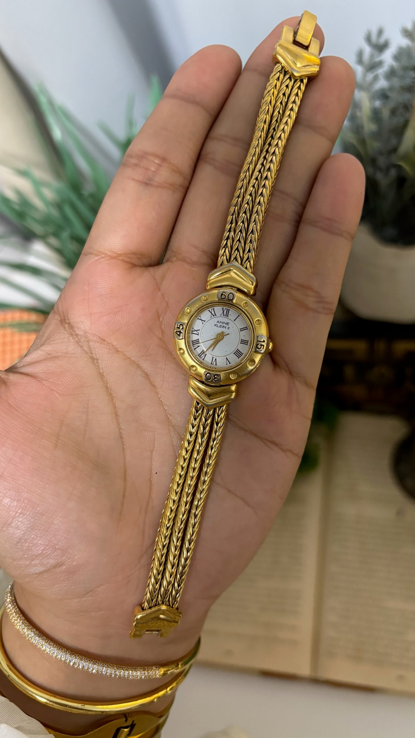 Vintage Anne Klein II Roman Numeral Watch with Chevron Wheat Chain Strap in Gold Tone Quartz