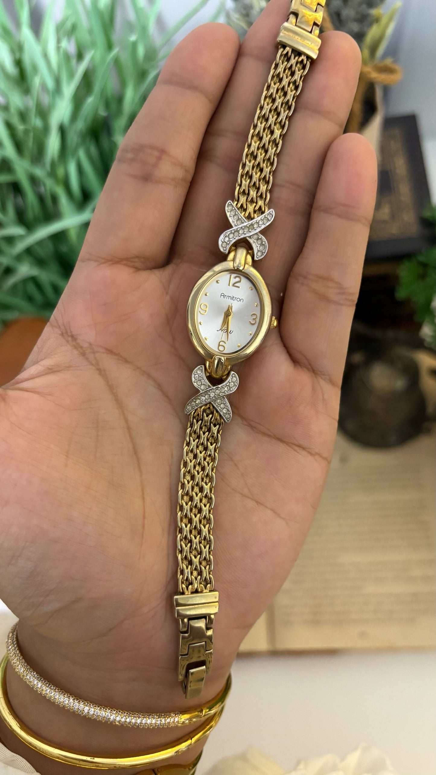 Vintage Armitron Now Oval Crystal X Link Watch with Intricate Mesh Strap in Gold Tone Quartz