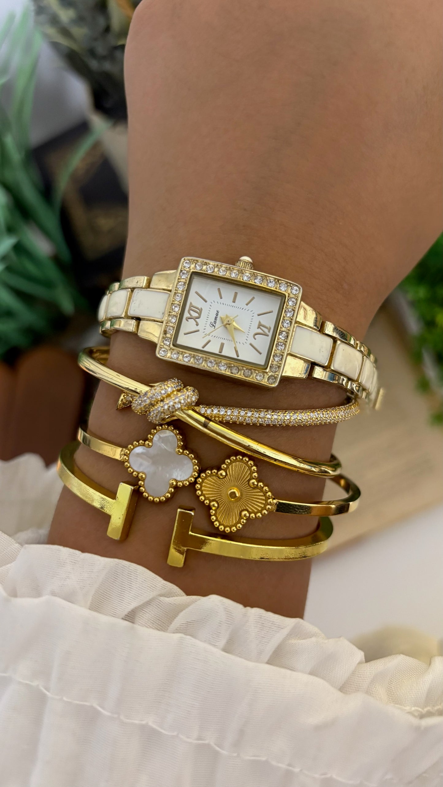 Vintage Lamue Tank Crystal Bezel Watch with White Ceramic Panels in Gold Tone Quartz
