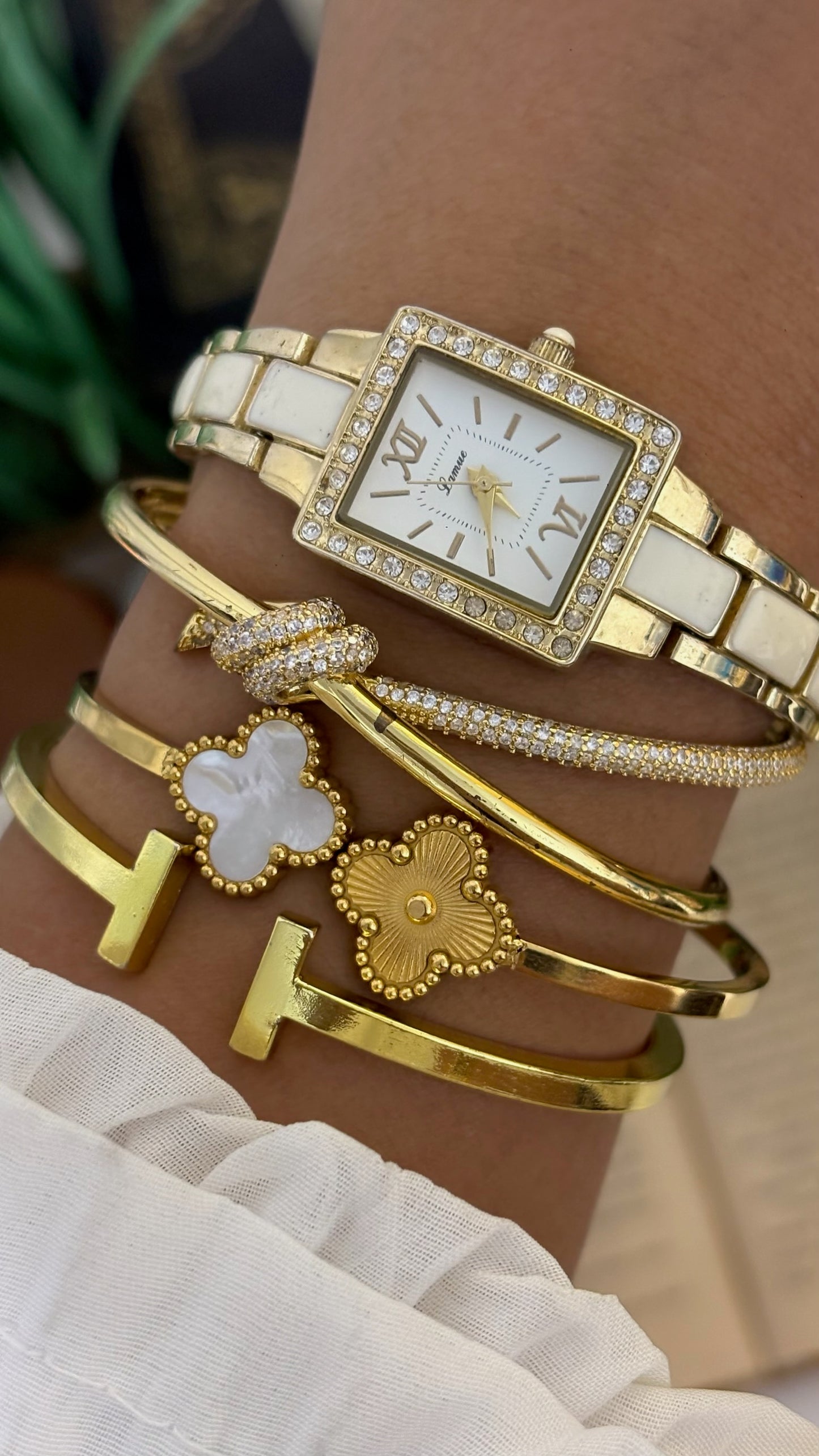 Vintage Lamue Tank Crystal Bezel Watch with White Ceramic Panels in Gold Tone Quartz