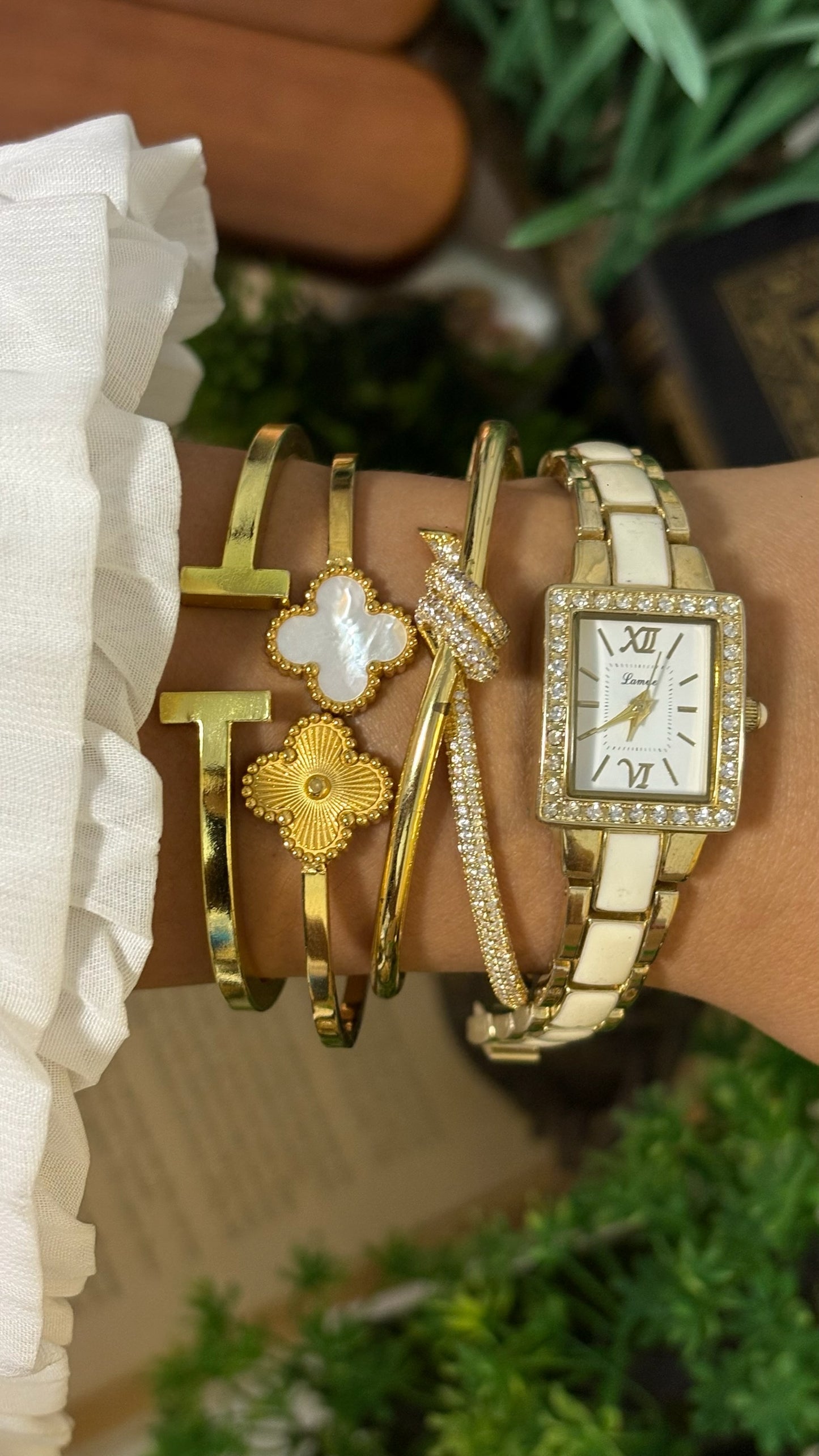 Vintage Lamue Tank Crystal Bezel Watch with White Ceramic Panels in Gold Tone Quartz