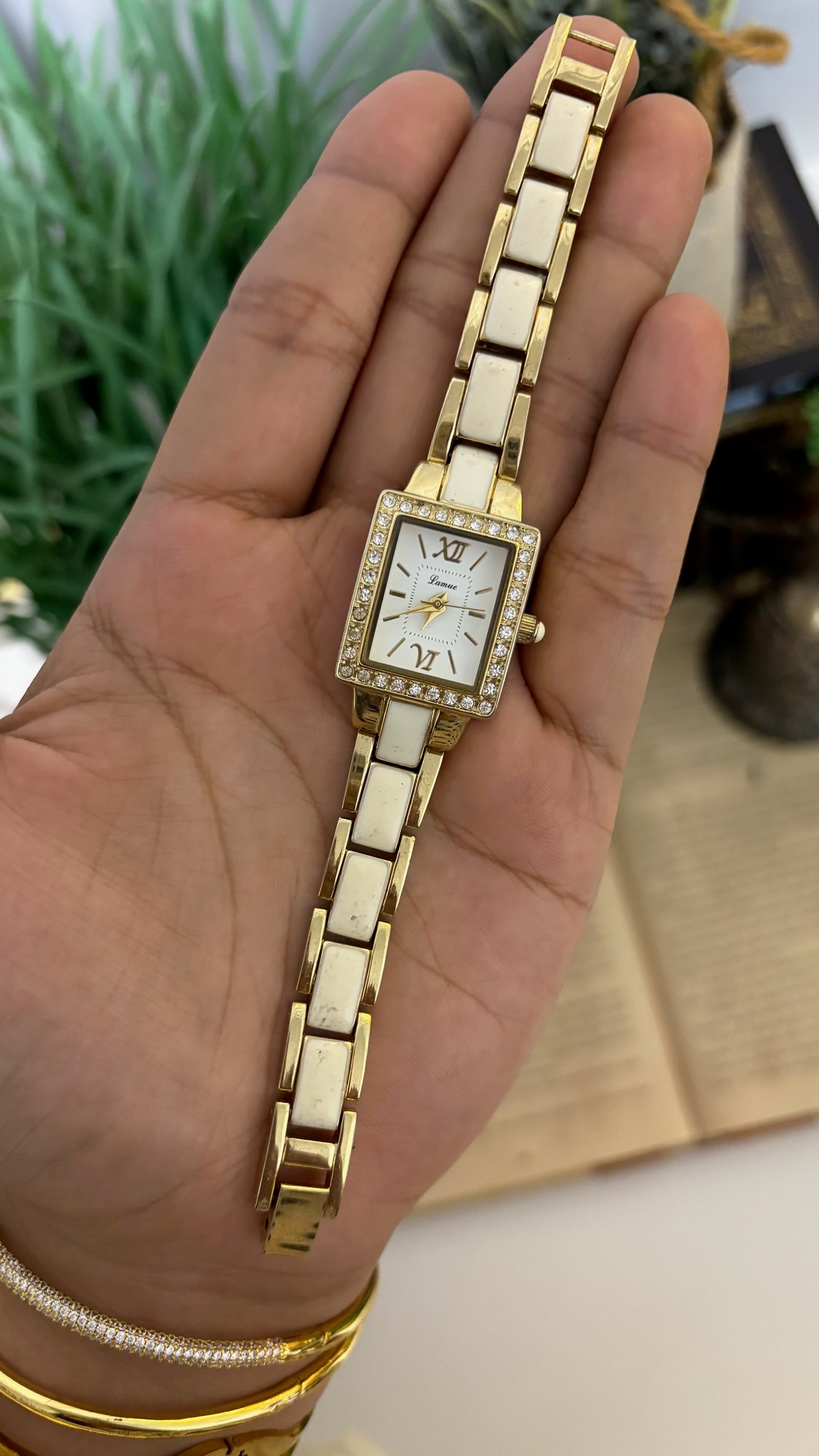 Vintage Lamue Tank Crystal Bezel Watch with White Ceramic Panels in Gold Tone Quartz