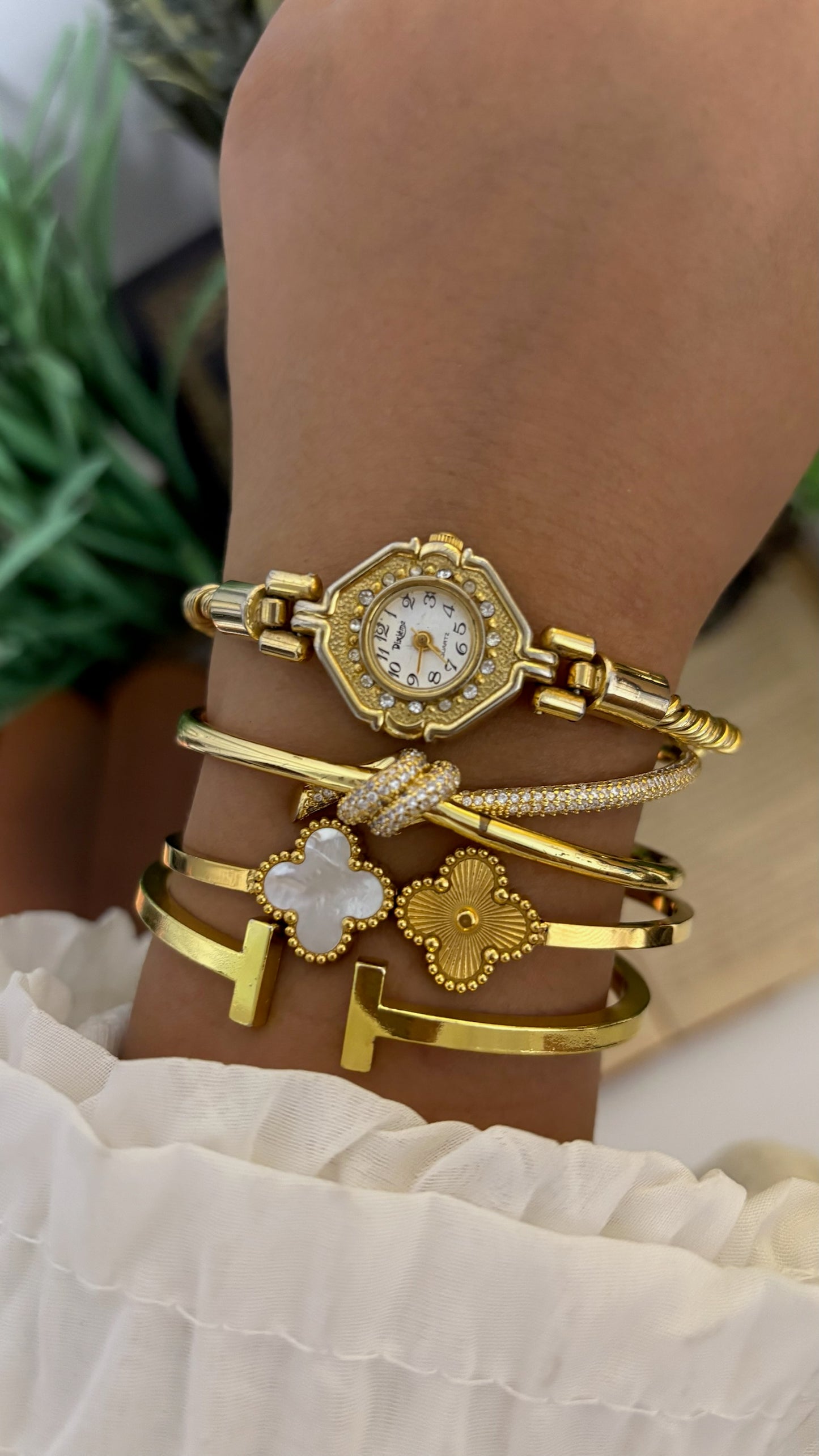 Vintage Dixième Octagon Crystal Bezel Watch with Twisted Rope Chain in Gold Tone Quartz