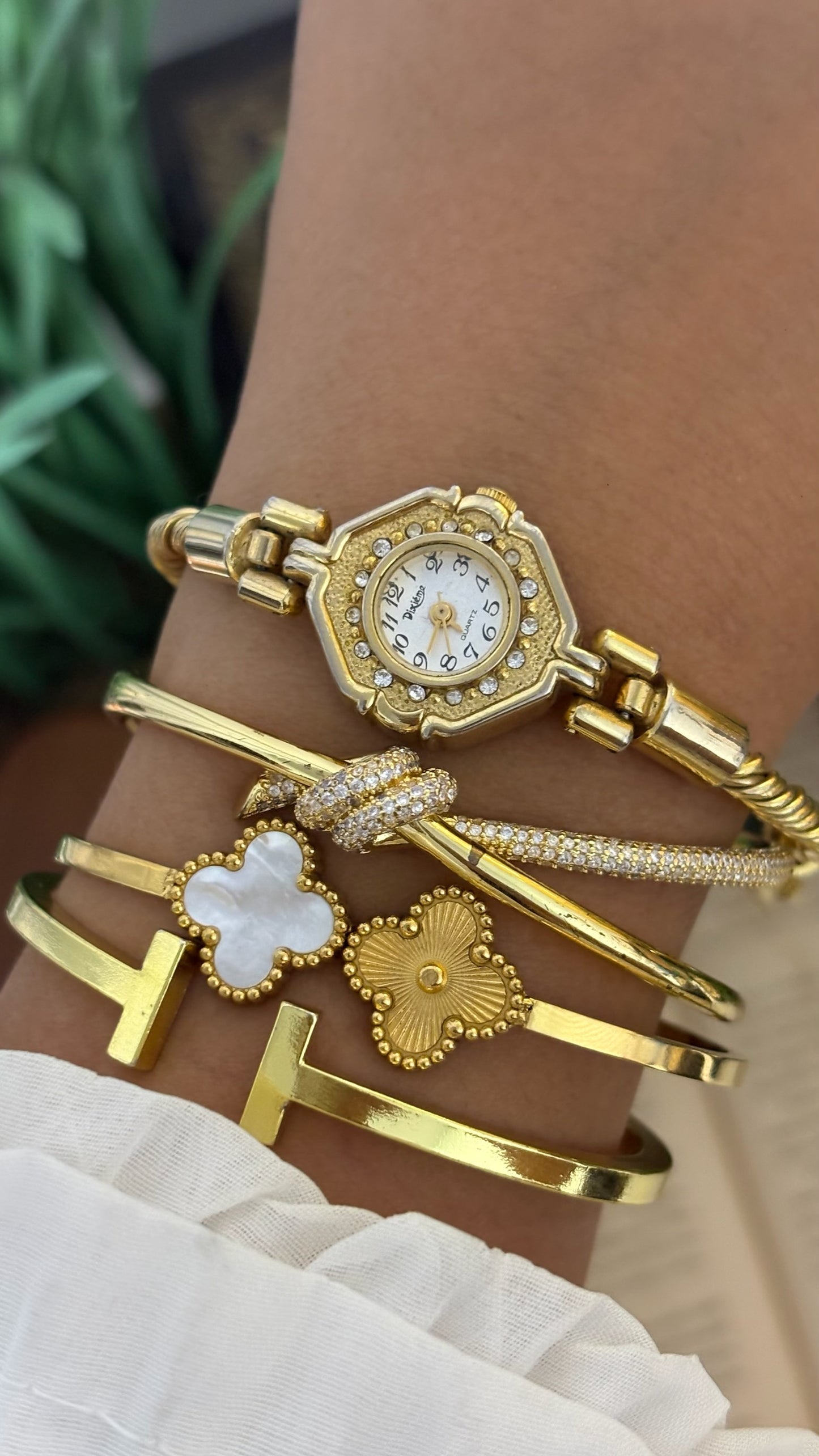 Vintage Dixième Octagon Crystal Bezel Watch with Twisted Rope Chain in Gold Tone Quartz