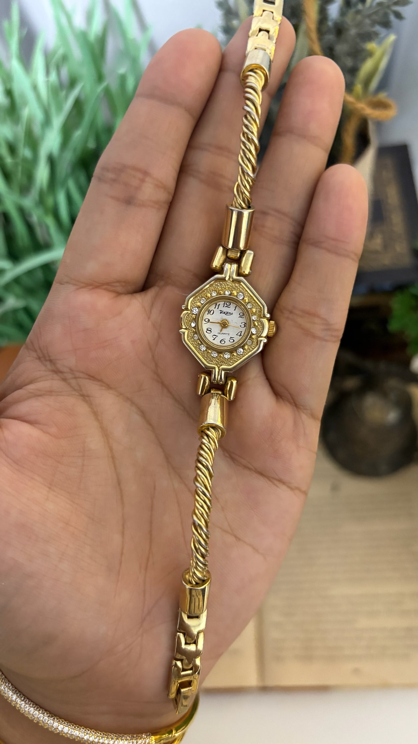 Vintage Dixième Octagon Crystal Bezel Watch with Twisted Rope Chain in Gold Tone Quartz