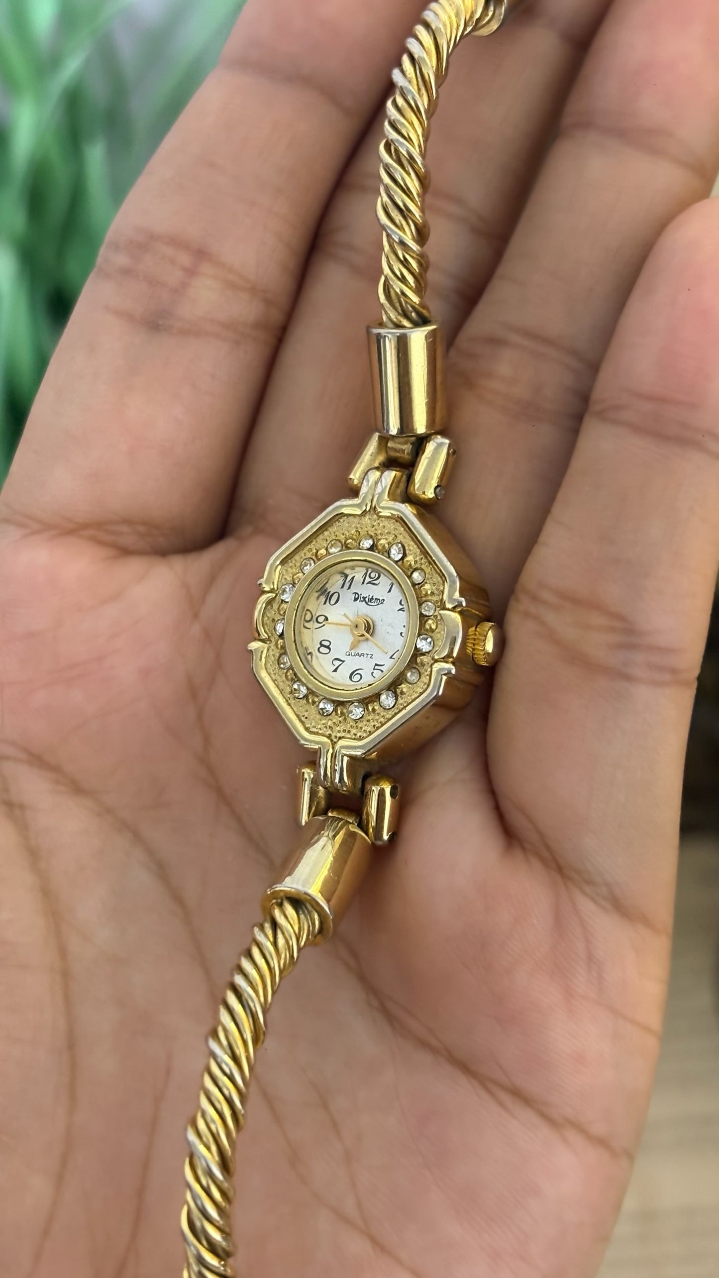 Vintage Dixième Octagon Crystal Bezel Watch with Twisted Rope Chain in Gold Tone Quartz