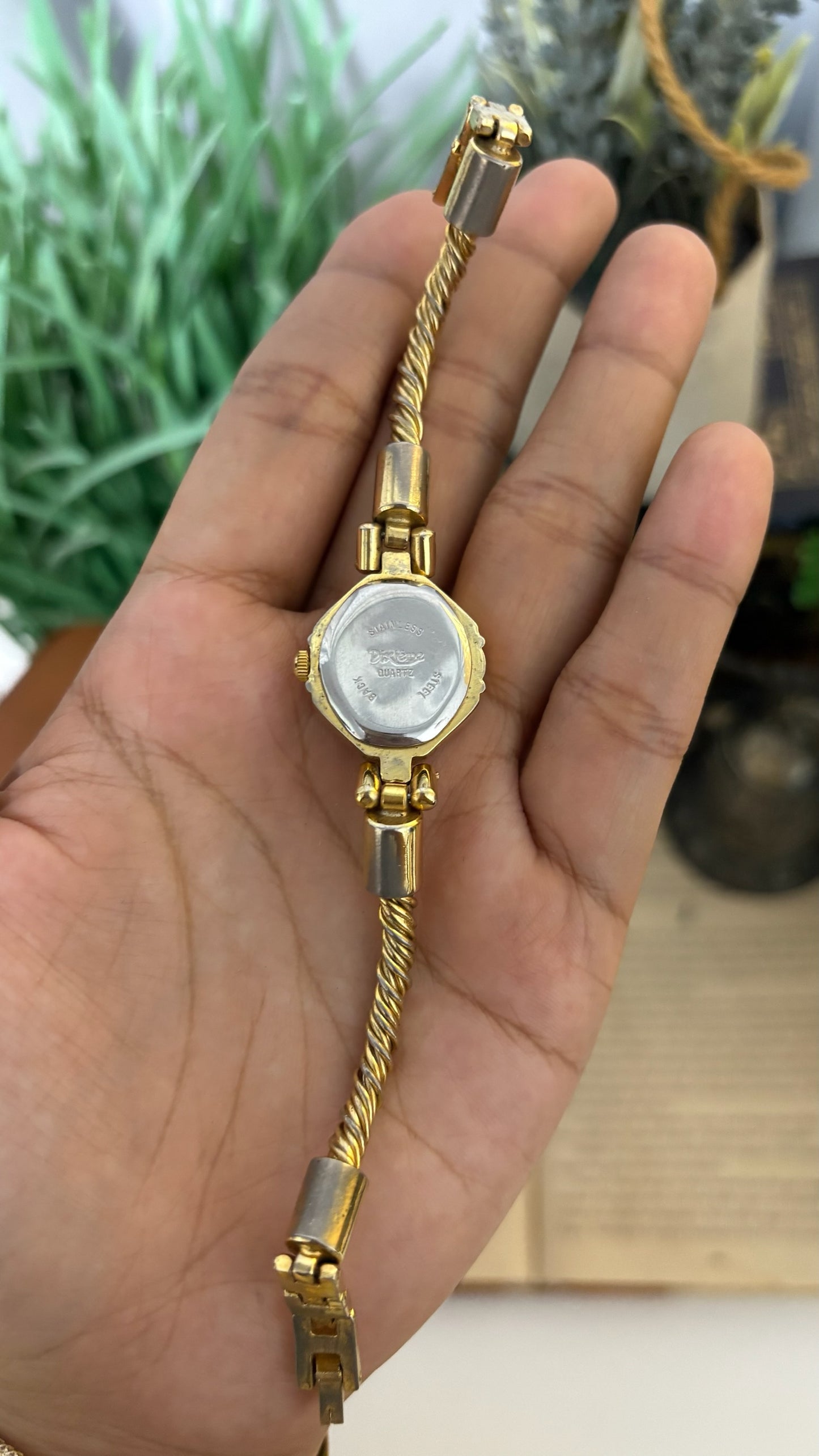 Vintage Dixième Octagon Crystal Bezel Watch with Twisted Rope Chain in Gold Tone Quartz