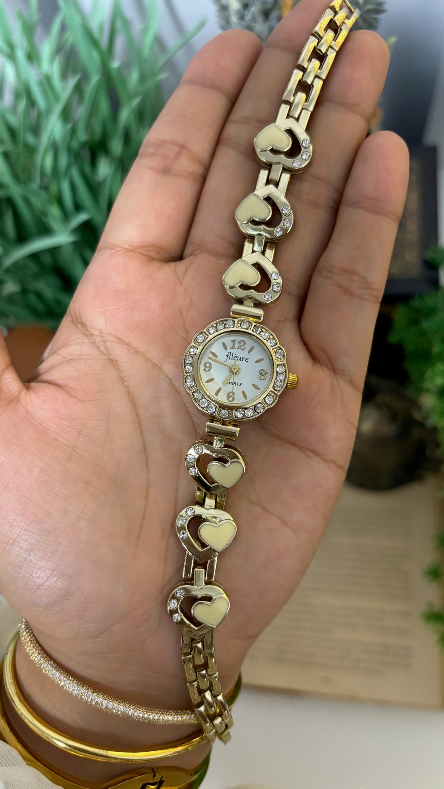 Vintage Fleure Crystal Bezel Watch with Enameled Heart Links in Gold Tone Quartz