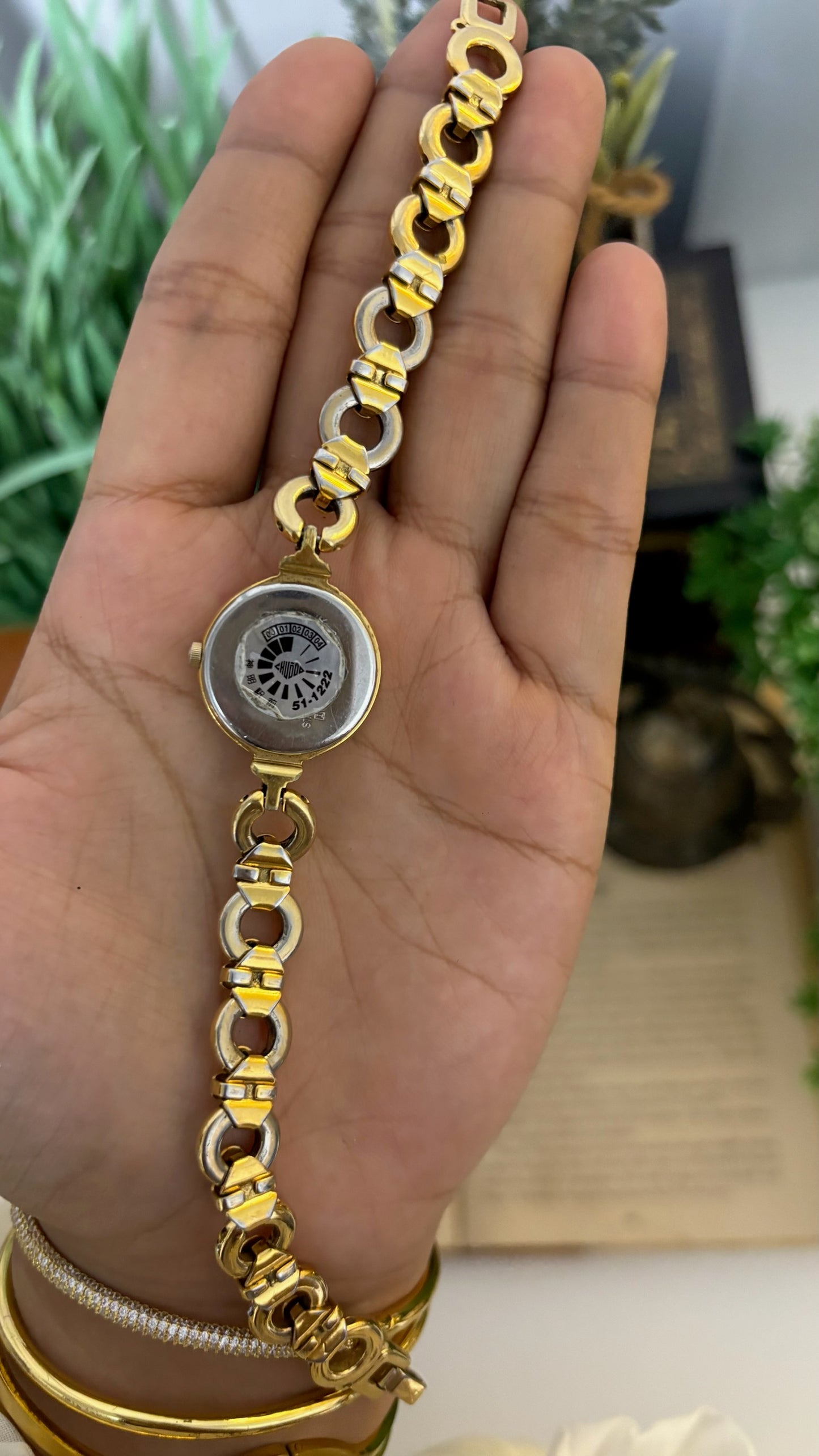 Vintage Marie Claire Round Mother of Pearl Dial Watch with Logo Ring Links in Gold Tone Quartz