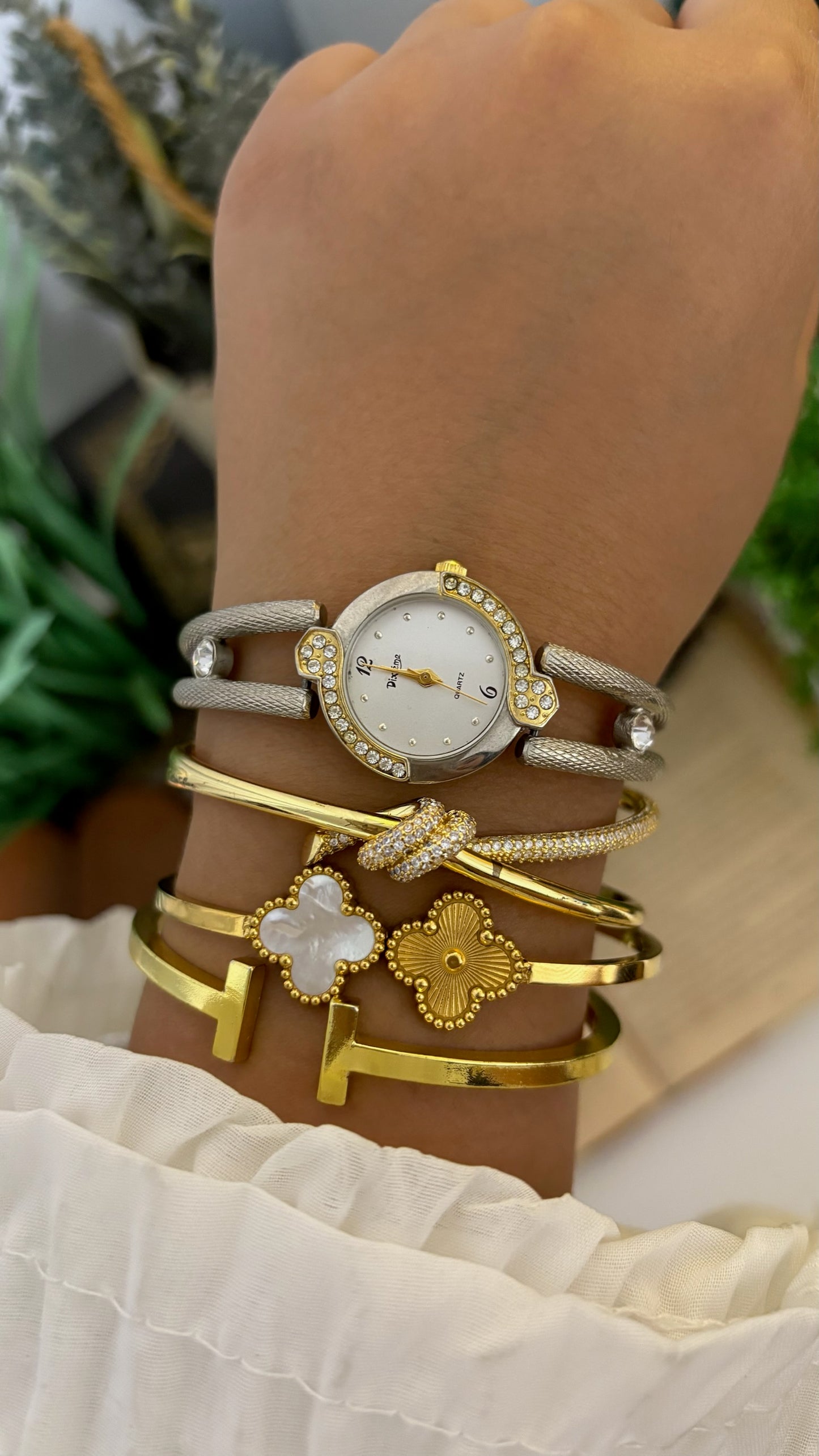 Vintage Dixième Half Crystal Bezel Watch with Textured Open-Yoke Strap in Silver Tone Quartz