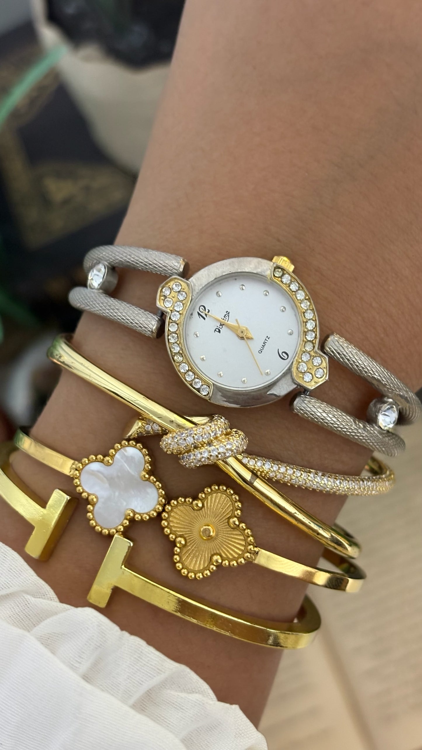 Vintage Dixième Half Crystal Bezel Watch with Textured Open-Yoke Strap in Silver Tone Quartz