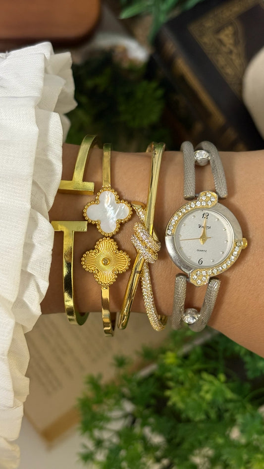 Vintage Dixième Half Crystal Bezel Watch with Textured Open-Yoke Strap in Silver Tone Quartz