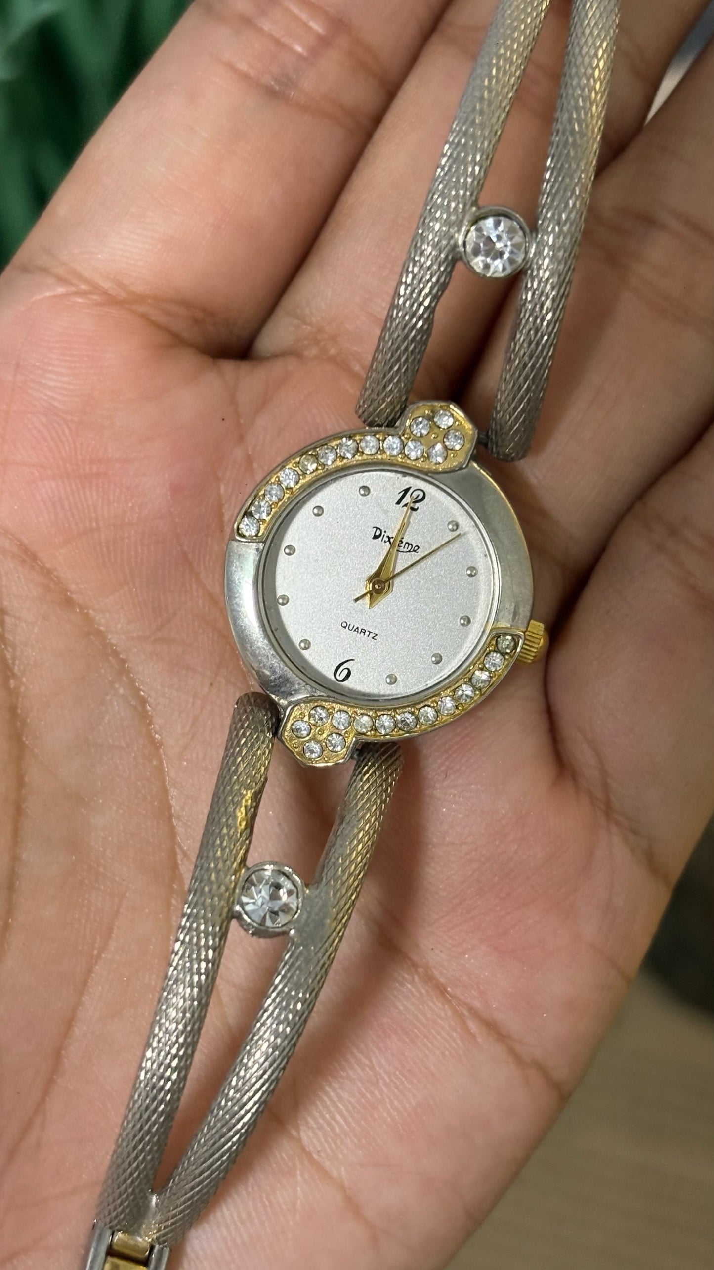 Vintage Dixième Half Crystal Bezel Watch with Textured Open-Yoke Strap in Silver Tone Quartz