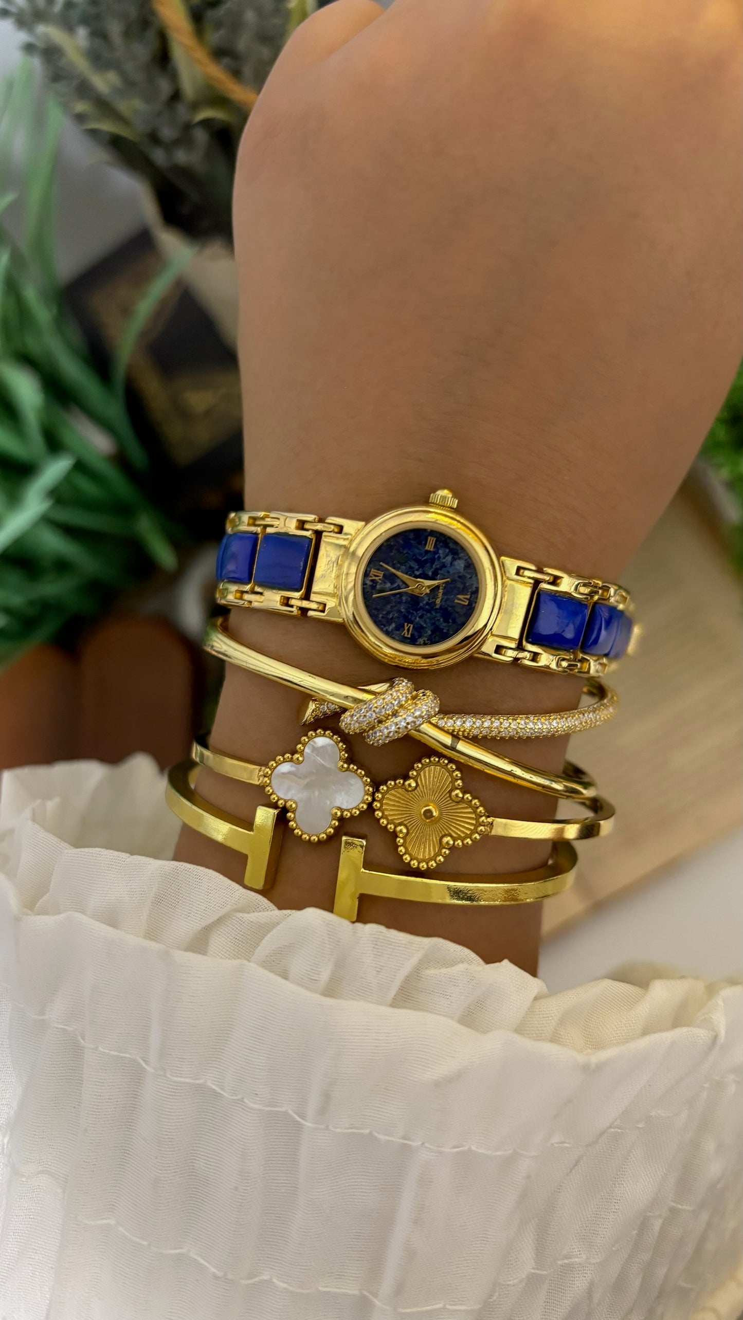Vintage Lapis Lazuli Dial Watch with Blue Panel Link Bracelet in Gold Tone Quartz