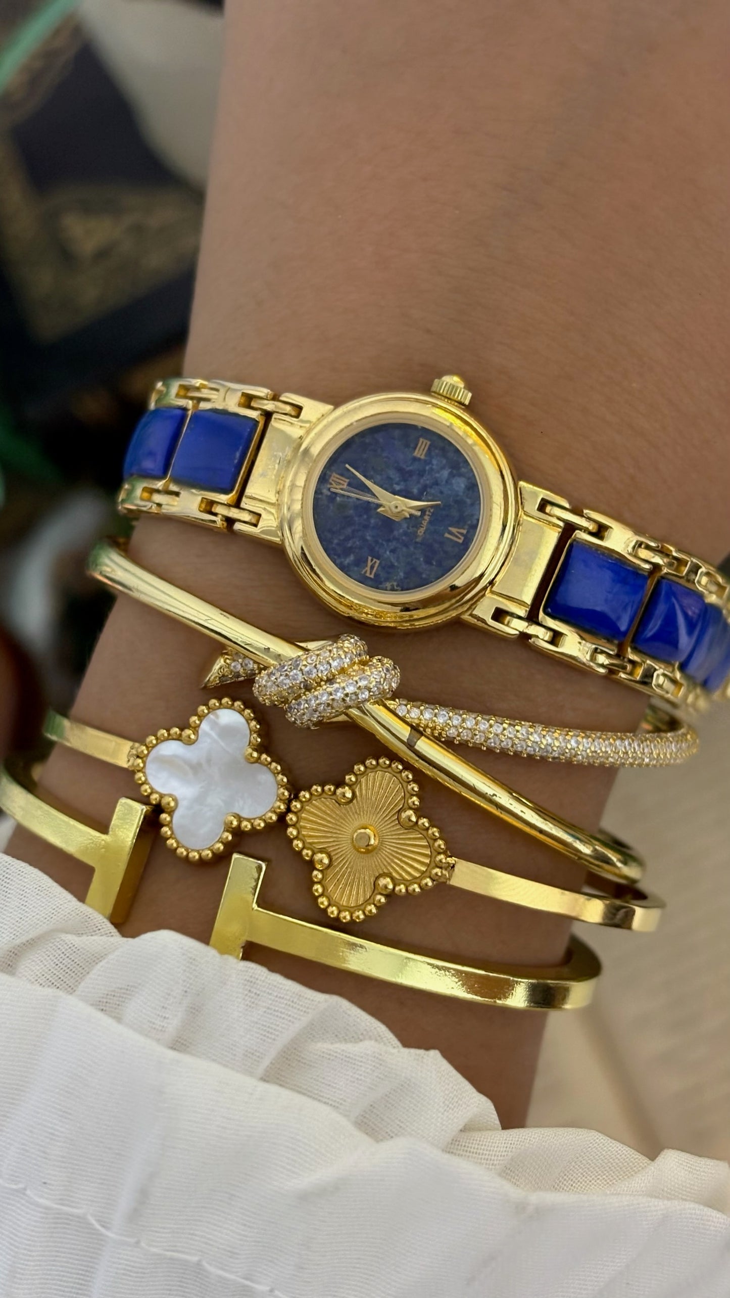 Vintage Lapis Lazuli Dial Watch with Blue Panel Link Bracelet in Gold Tone Quartz