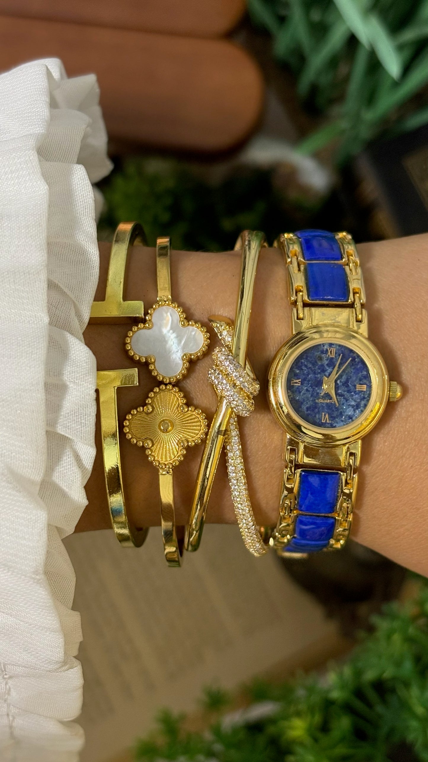 Vintage Lapis Lazuli Dial Watch with Blue Panel Link Bracelet in Gold Tone Quartz