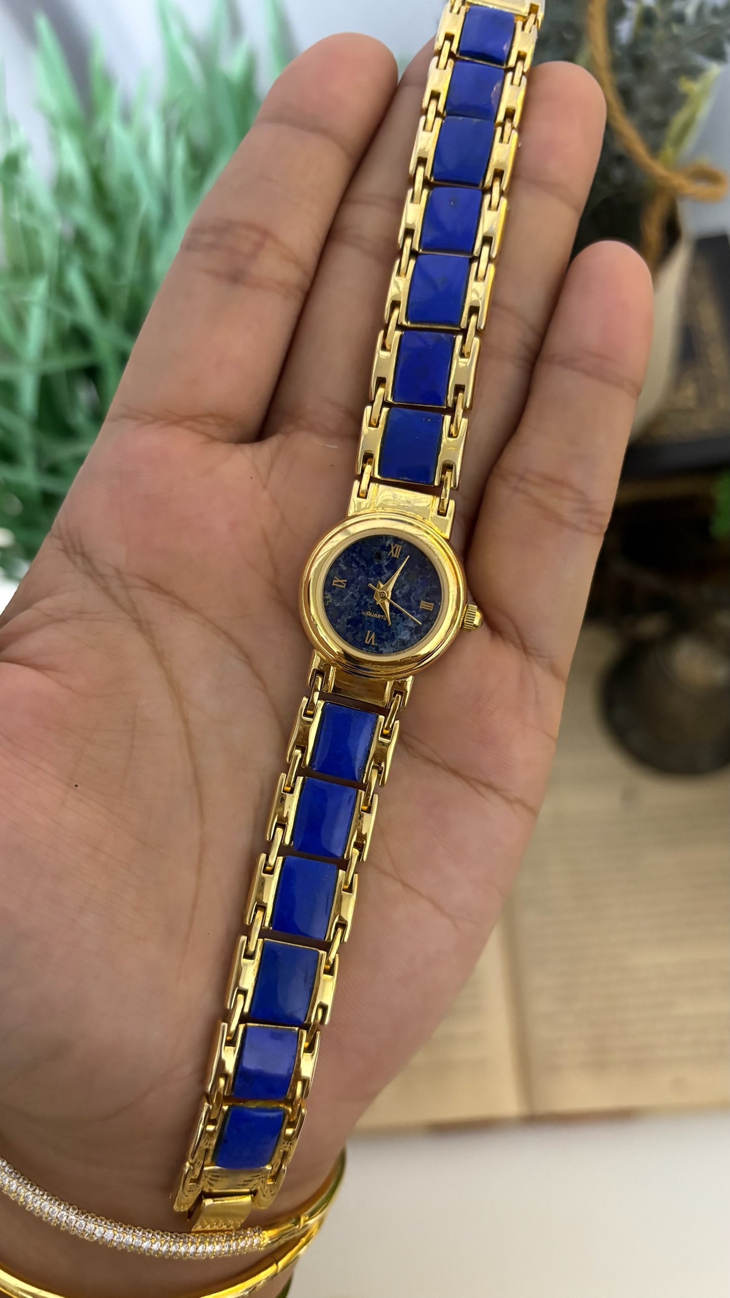 Vintage Lapis Lazuli Dial Watch with Blue Panel Link Bracelet in Gold Tone Quartz