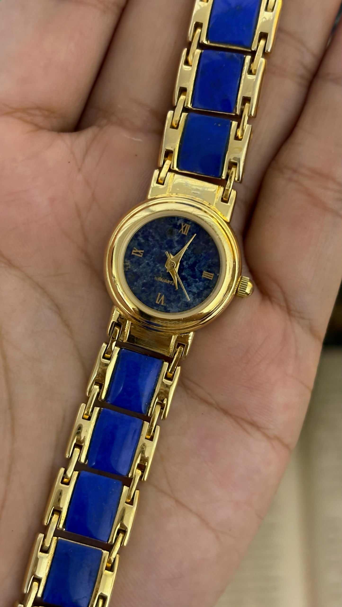 Vintage Lapis Lazuli Dial Watch with Blue Panel Link Bracelet in Gold Tone Quartz