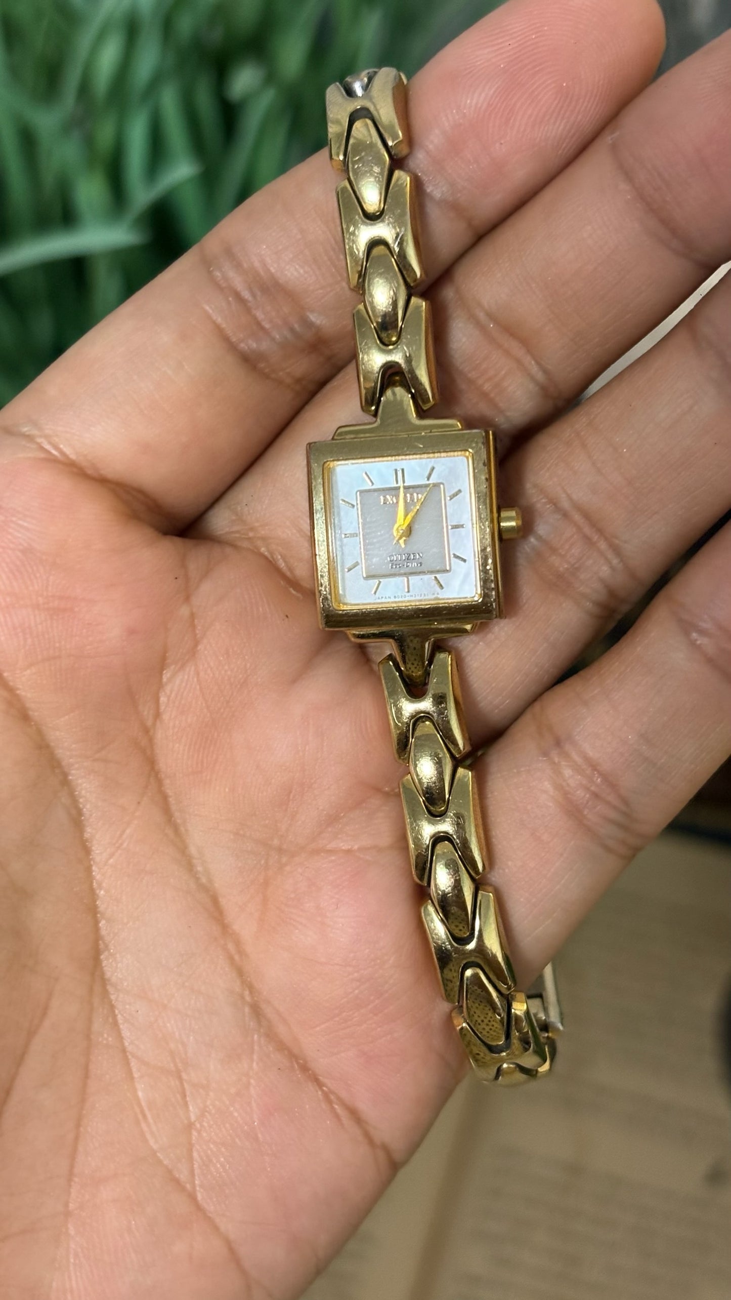 Vintage Citizen Exceed Eco-Drive Square Dress Watch with Abstract Chevron Links in Gold Tone Quartz