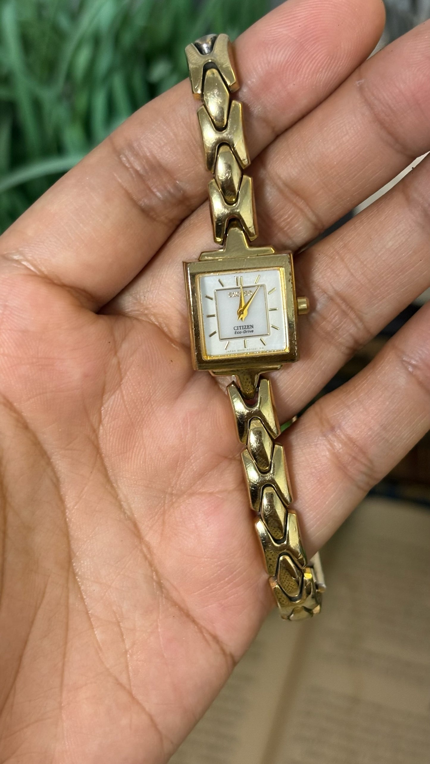 Vintage Citizen Exceed Eco-Drive Square Dress Watch with Abstract Chevron Links in Gold Tone Quartz