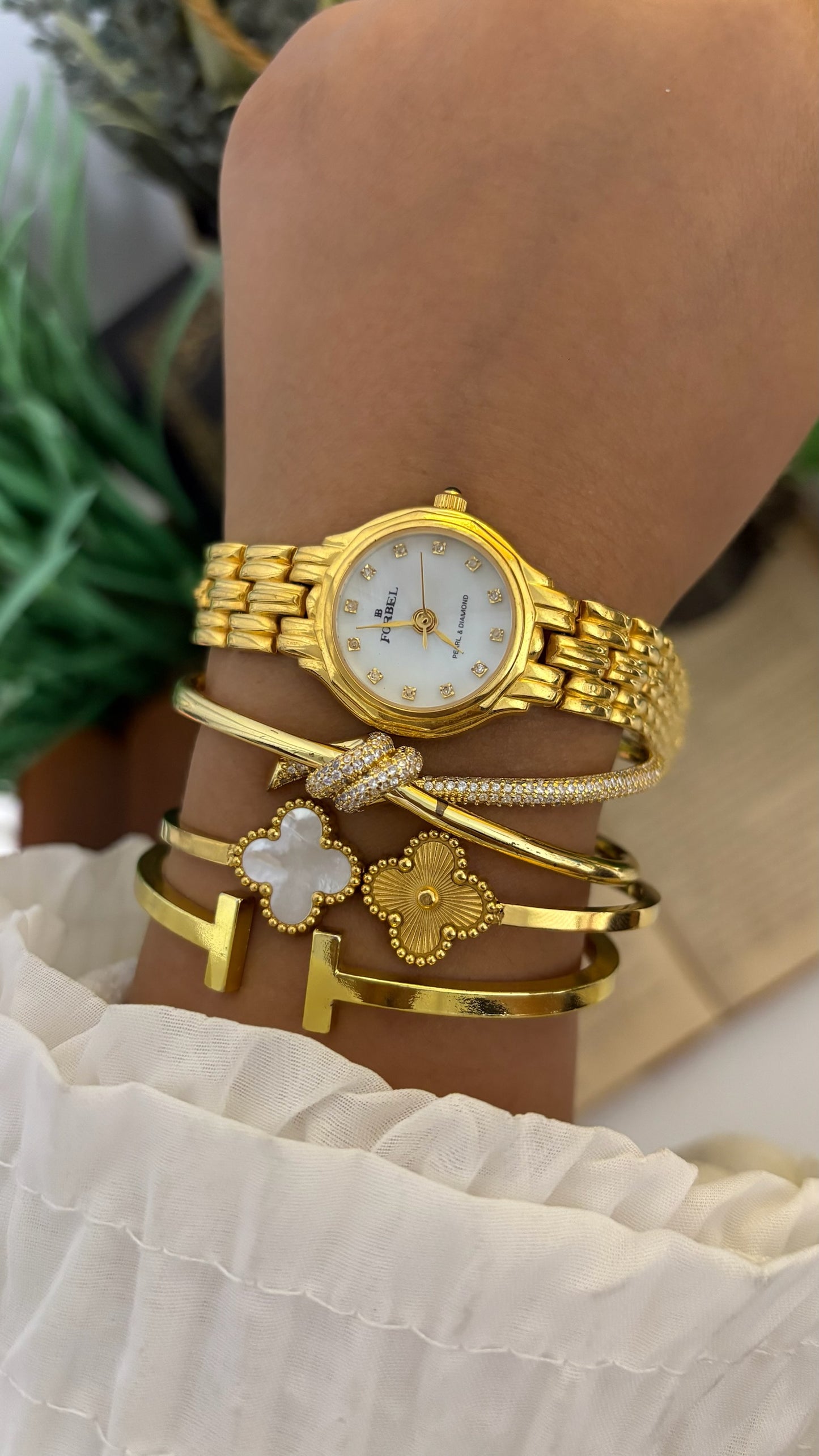 Vintage Forbel Pearl & Diamond Round Dress Watch with Five-Link Bracelet in Gold Tone Quartz