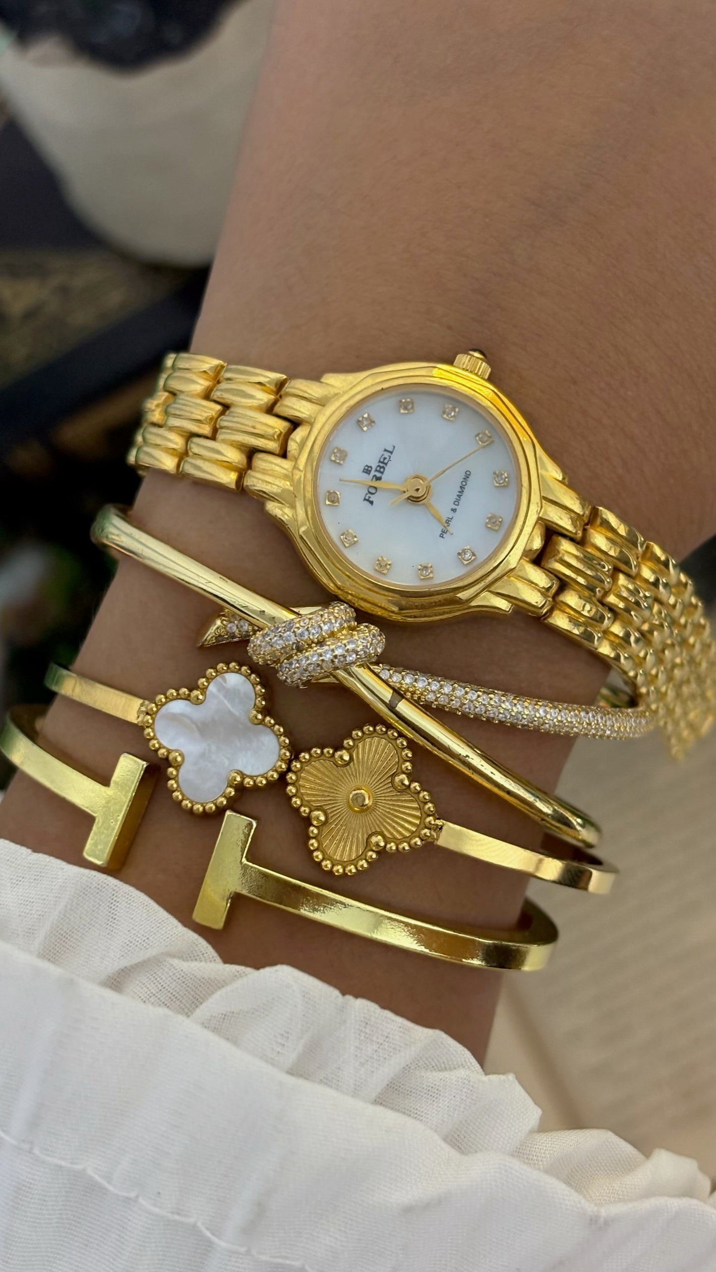 Vintage Forbel Pearl & Diamond Round Dress Watch with Five-Link Bracelet in Gold Tone Quartz