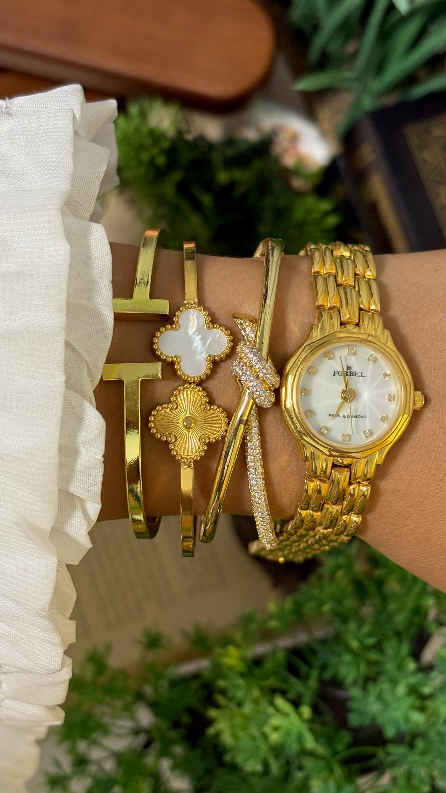 Vintage Forbel Pearl & Diamond Round Dress Watch with Five-Link Bracelet in Gold Tone Quartz