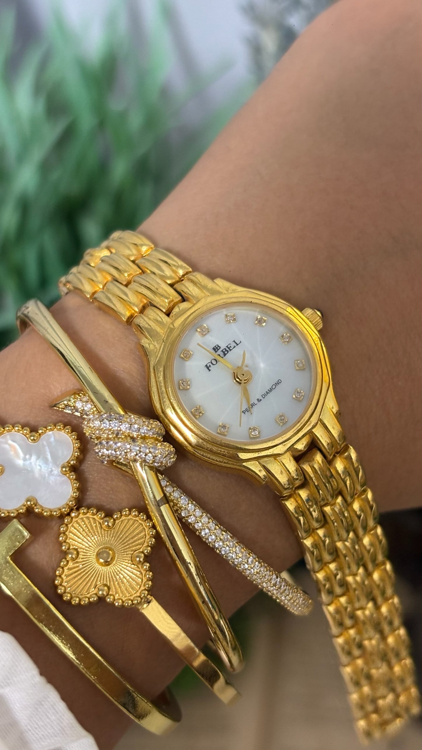 Vintage Forbel Pearl & Diamond Round Dress Watch with Five-Link Bracelet in Gold Tone Quartz