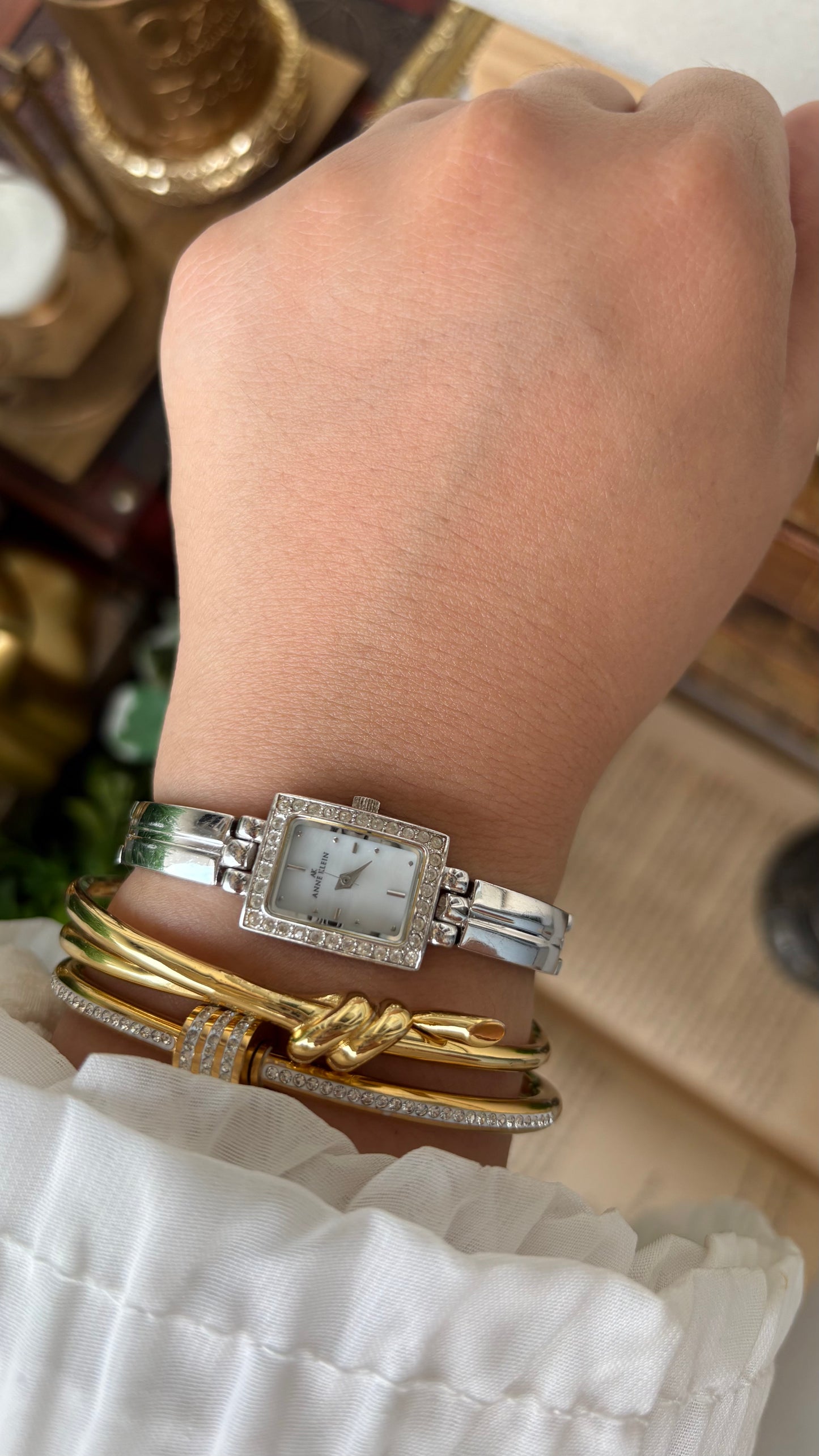 Rare Vintage Dainty Anne Klein Rhinestone Bezel Semi Bangle Watch in Silver Tone Mother of Pearl Dial Quartz