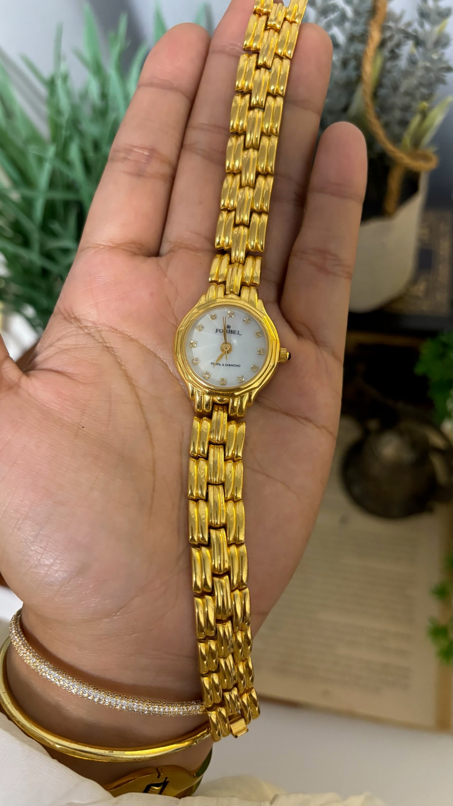 Vintage Forbel Pearl & Diamond Round Dress Watch with Five-Link Bracelet in Gold Tone Quartz