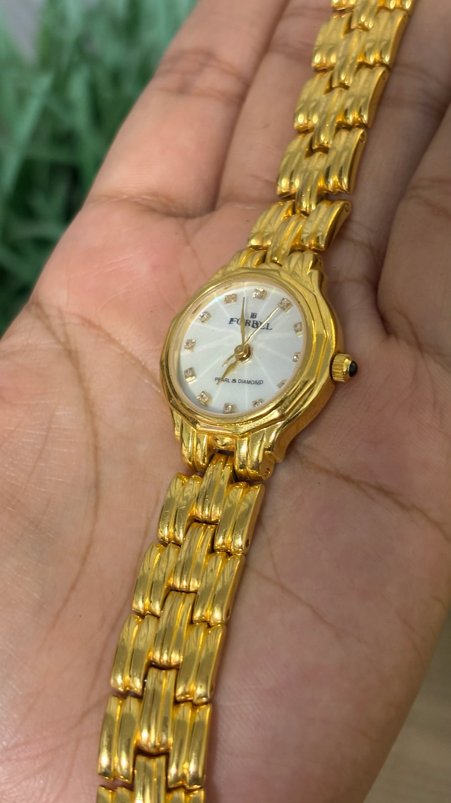 Vintage Forbel Pearl & Diamond Round Dress Watch with Five-Link Bracelet in Gold Tone Quartz